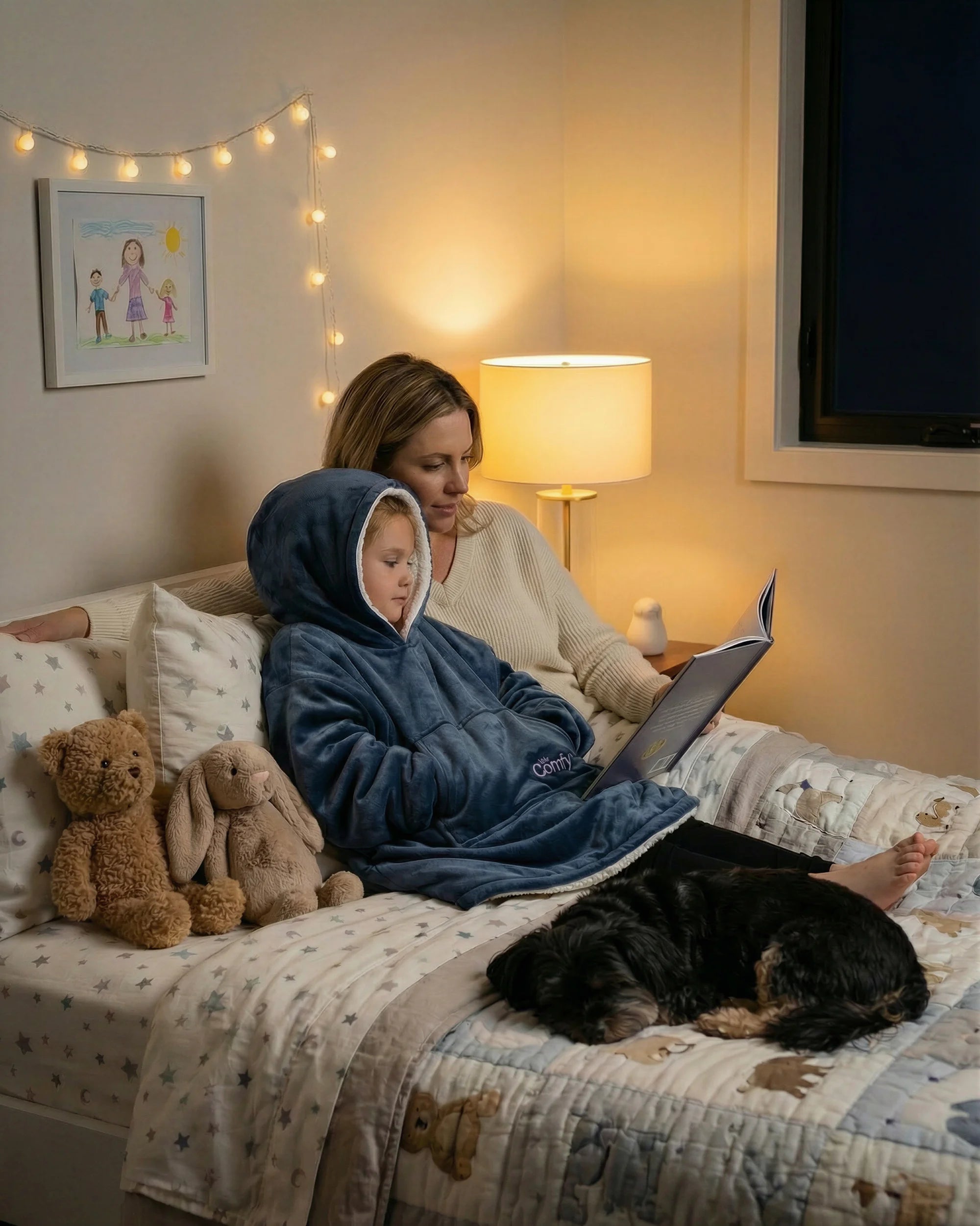Child wearing The Original Jr. Blue wearable blanket while reading with a parent at bedtime, illustrating cozy family moments and story time comfort.
