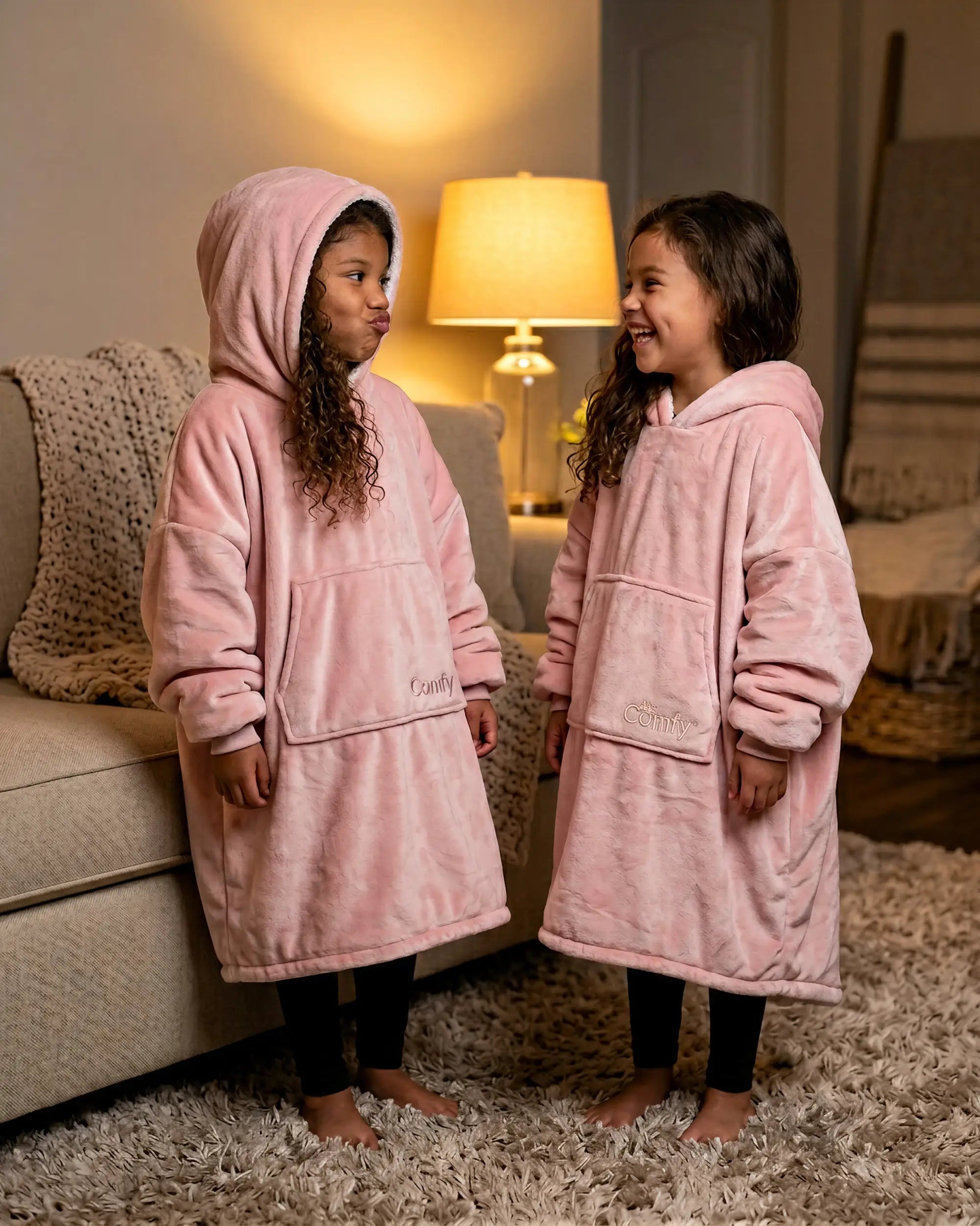 Two children wearing The Original Jr. Blush wearable blankets indoors, sharing a playful and cozy moment together.