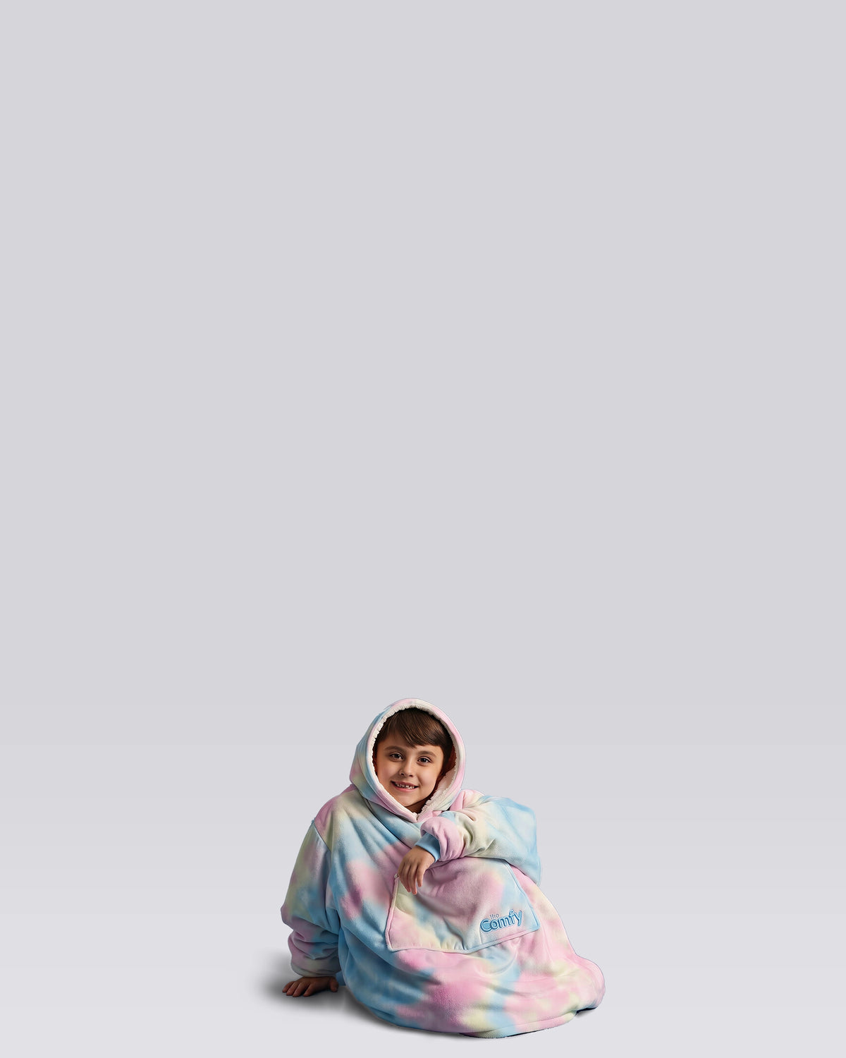Model wearing The Original Jr. in Cotton Candy Tie Dye, front view.