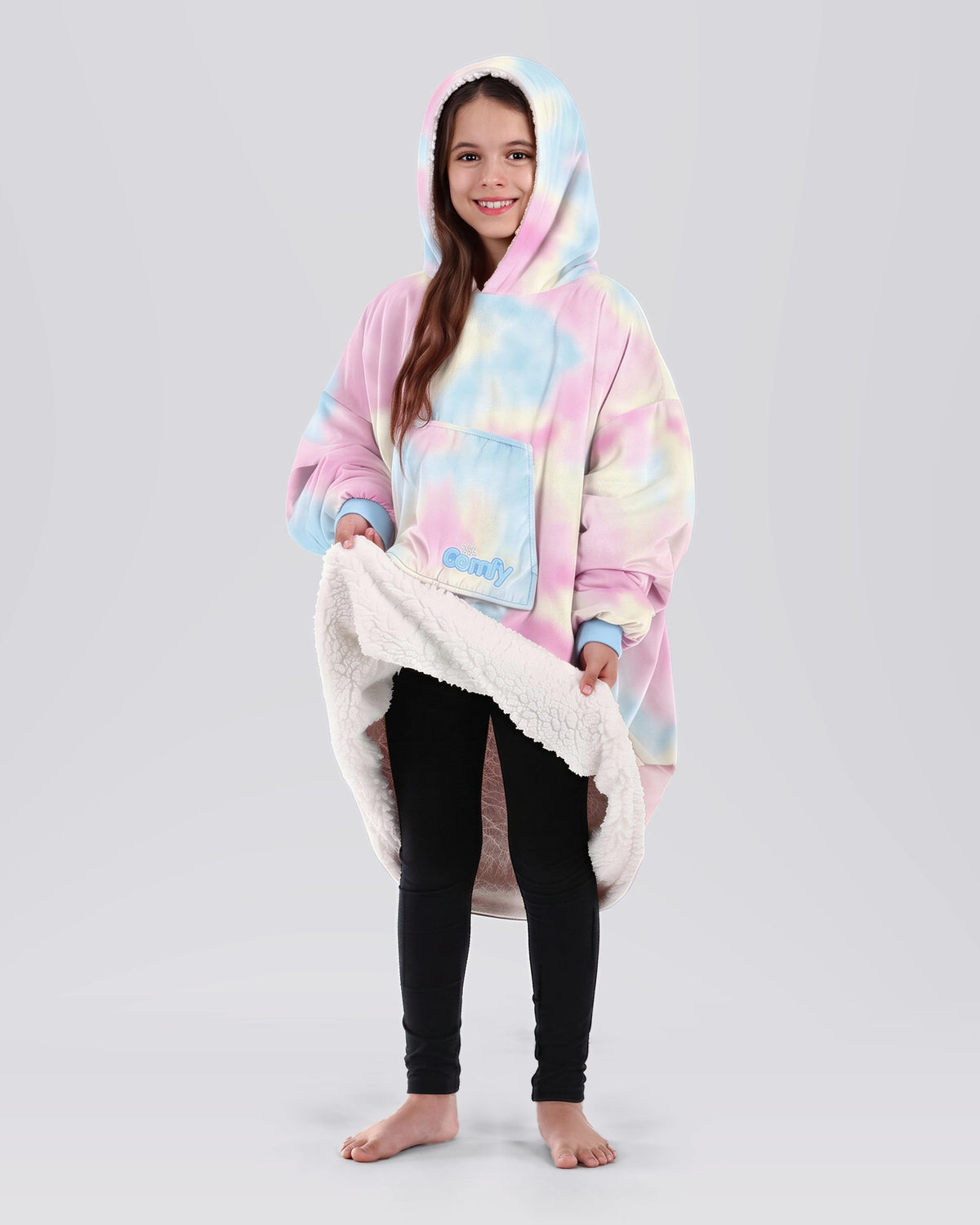 Model wearing The Original Jr. in Cotton Candy Tie Dye, showing the CloudSherpa™ lining.
