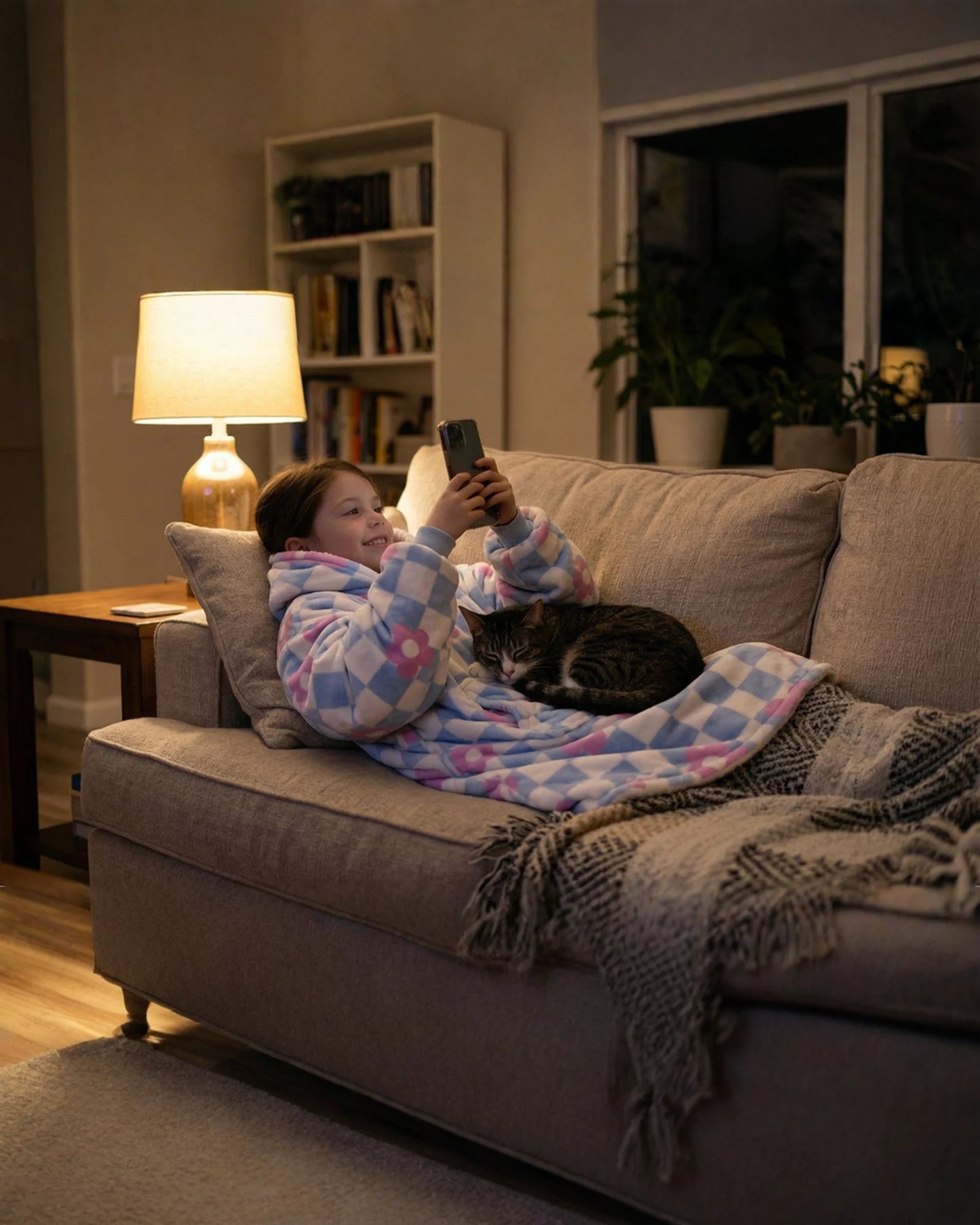 Child relaxing on a couch with a cat while wearing The Original Jr. Flower Checkered wearable blanket, illustrating everyday comfort for lounging and screen time.