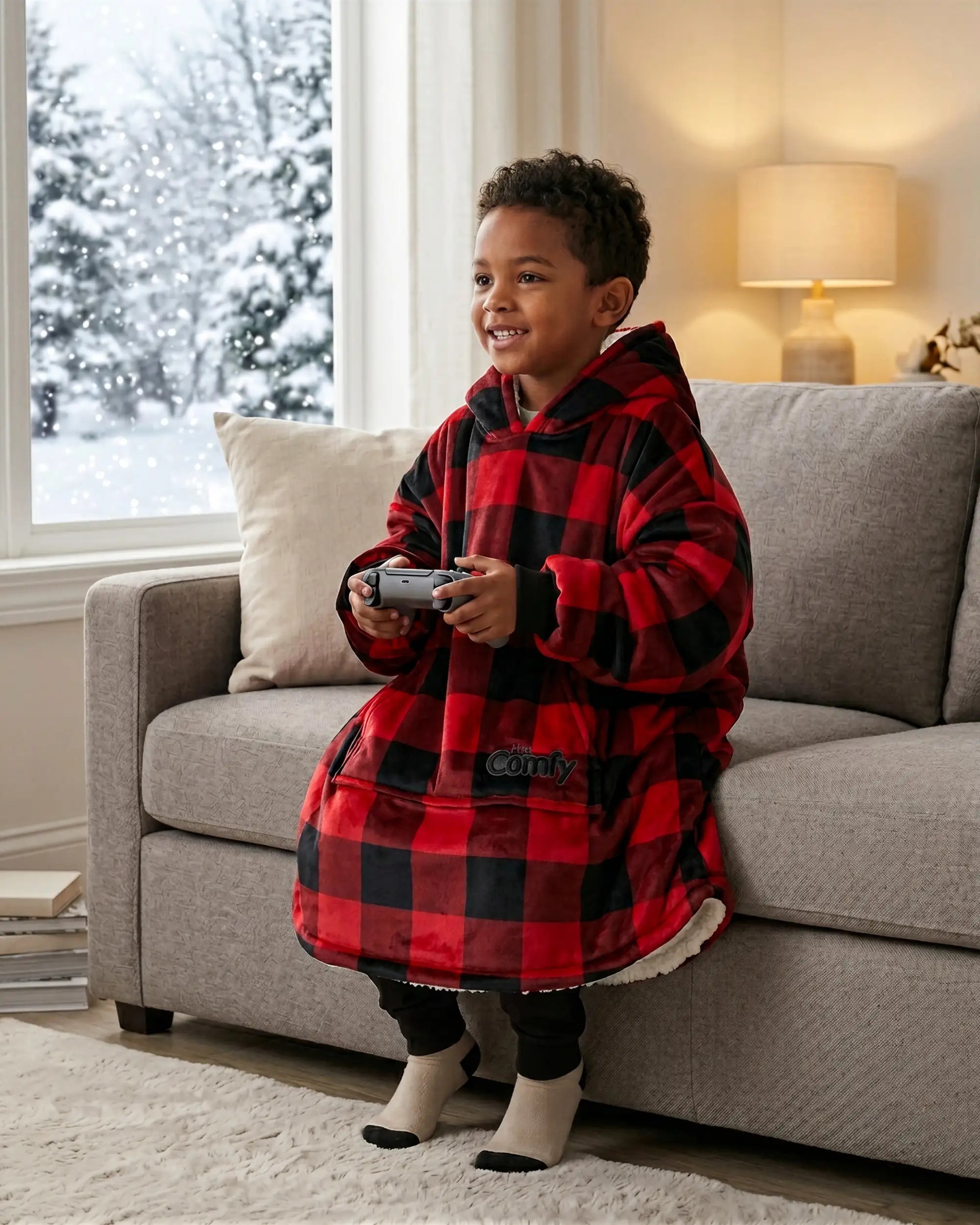 Child relaxing on the couch and playing video games while wearing The Original Jr. Red Plaid wearable blanket, perfect for cozy afternoons, movie marathons, and staying warm indoors.