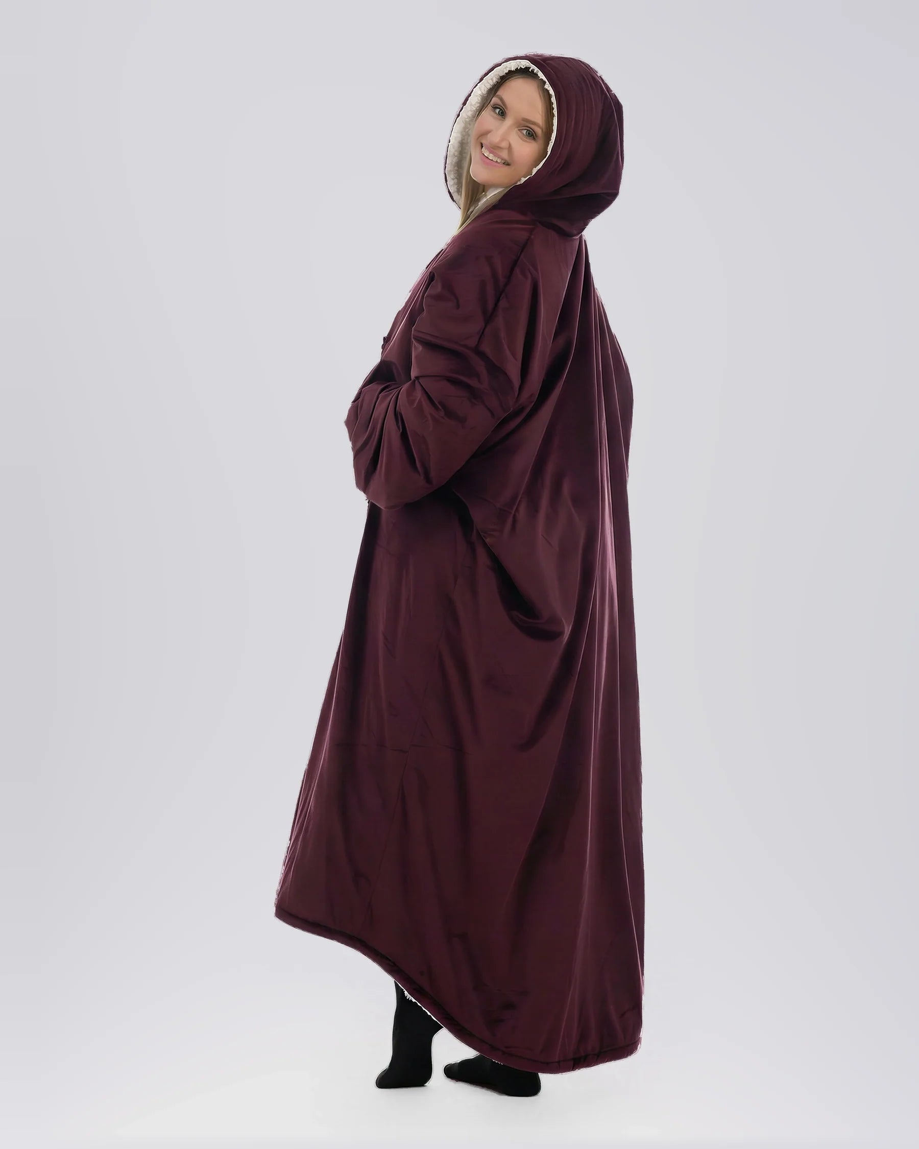 Side and back view of woman wearing The Comfy Original Long in burgundy, showing full length and hooded silhouette.