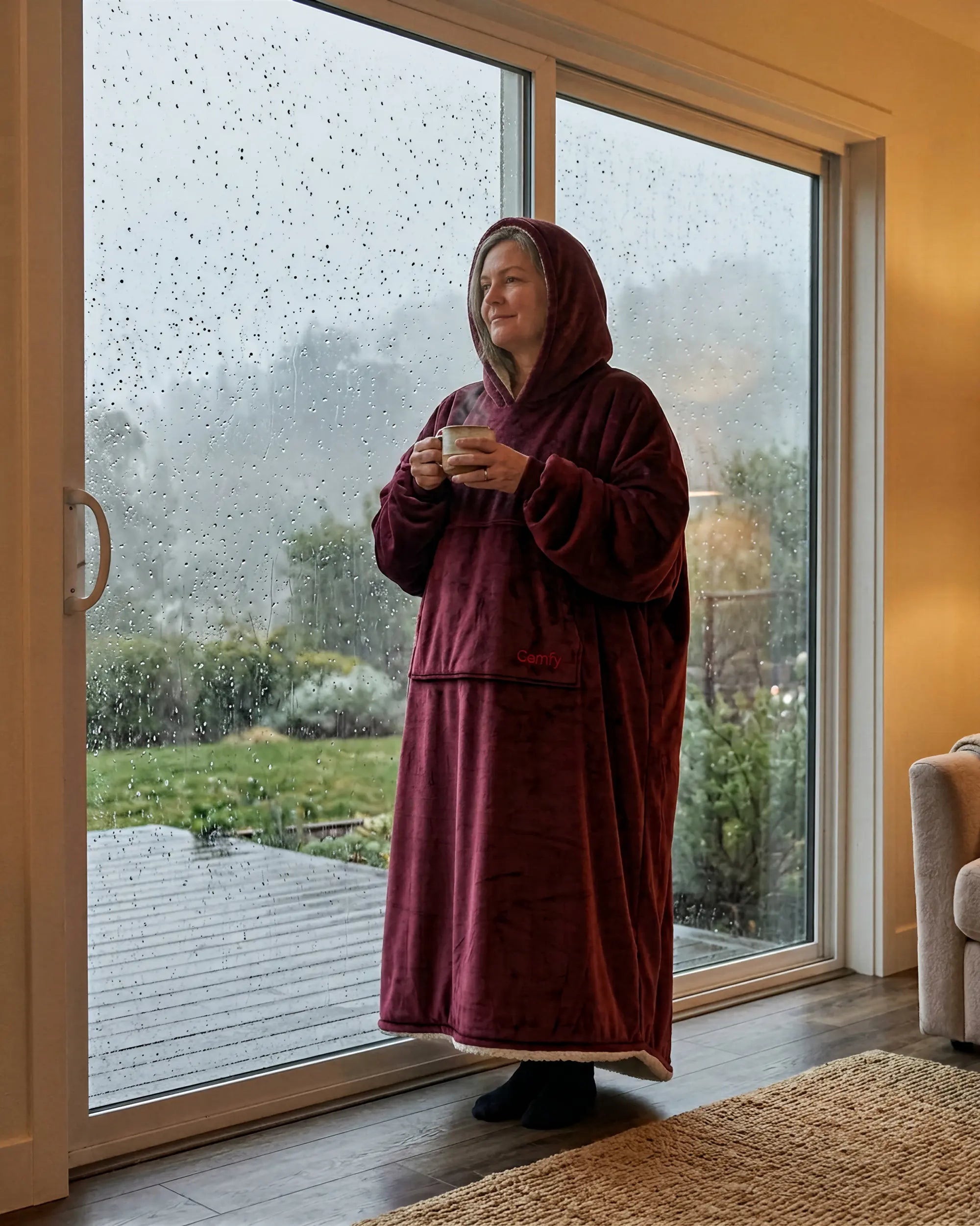 Woman wearing The Comfy Original Long in burgundy while enjoying coffee indoors beside a rainy window.