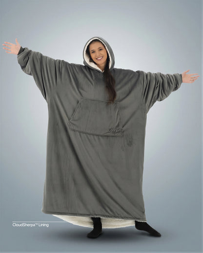 Woman wearing The Comfy Original Long in charcoal with CloudSherpa™ lining, front view showing oversized silhouette.