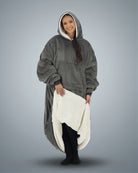 Front view of woman wearing The Comfy Original Long in charcoal, showing plush CloudSherpa™ interior lining.