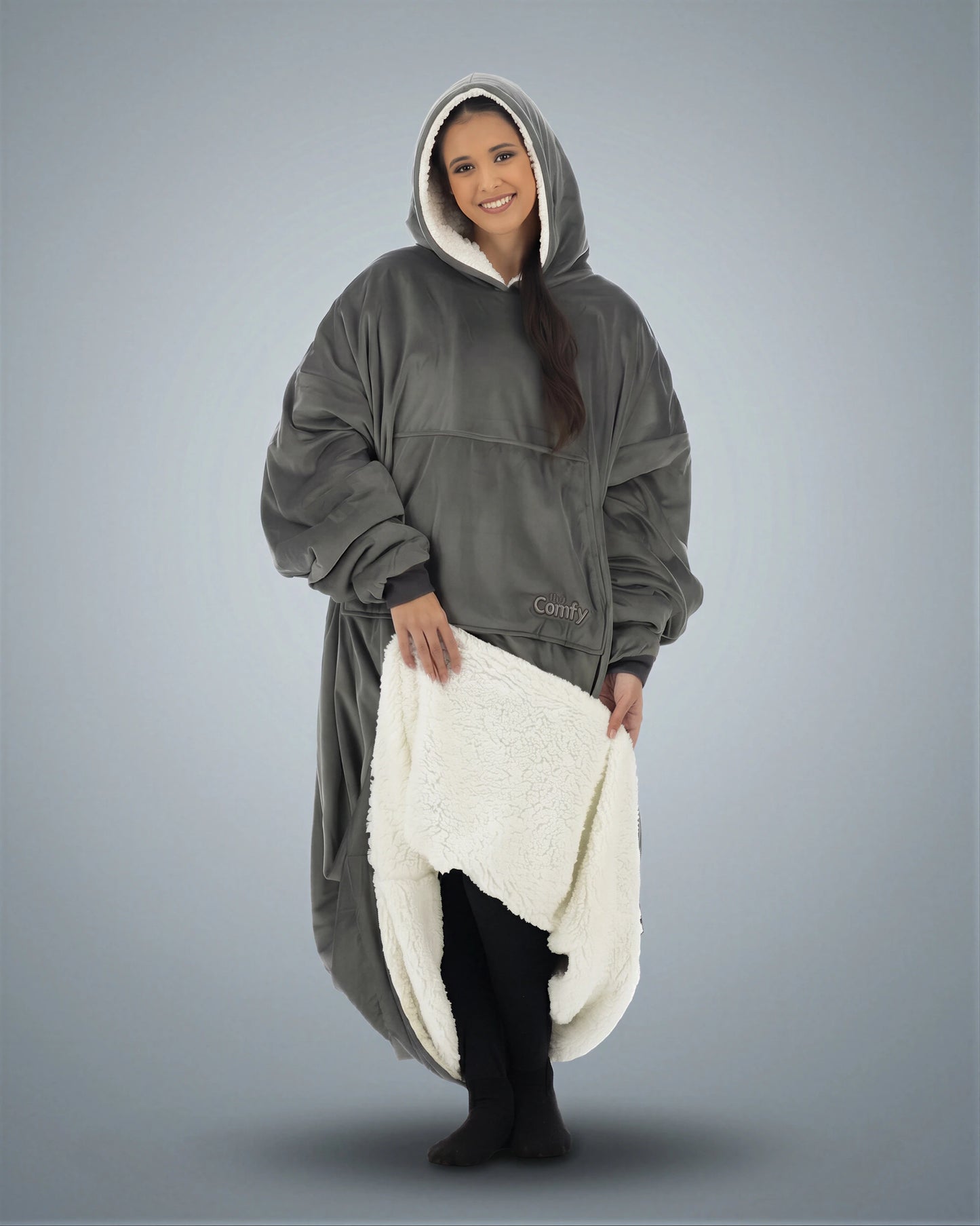Front view of woman wearing The Comfy Original Long in charcoal, showing plush CloudSherpa™ interior lining.