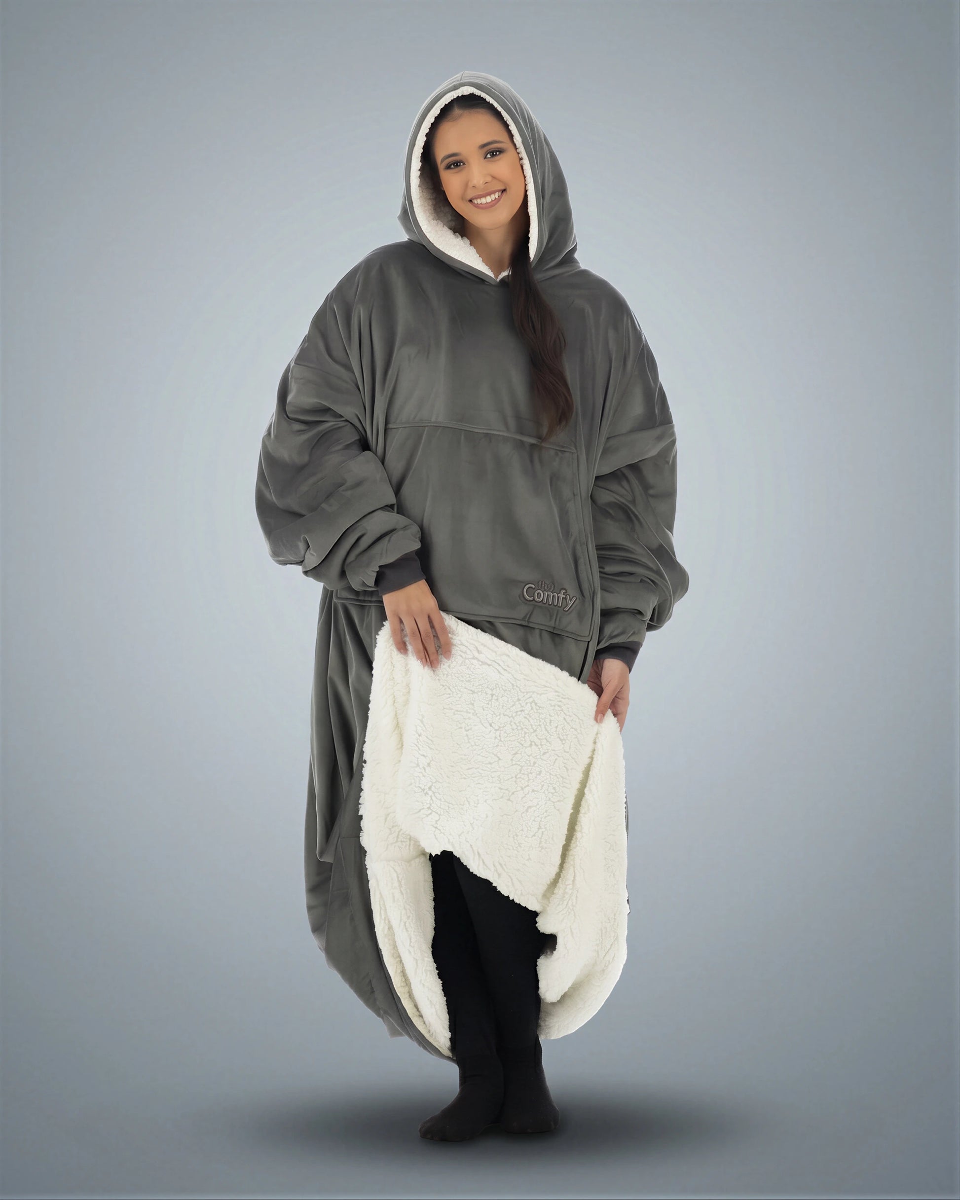 Front view of woman wearing The Comfy Original Long in charcoal, showing plush CloudSherpa™ interior lining.
