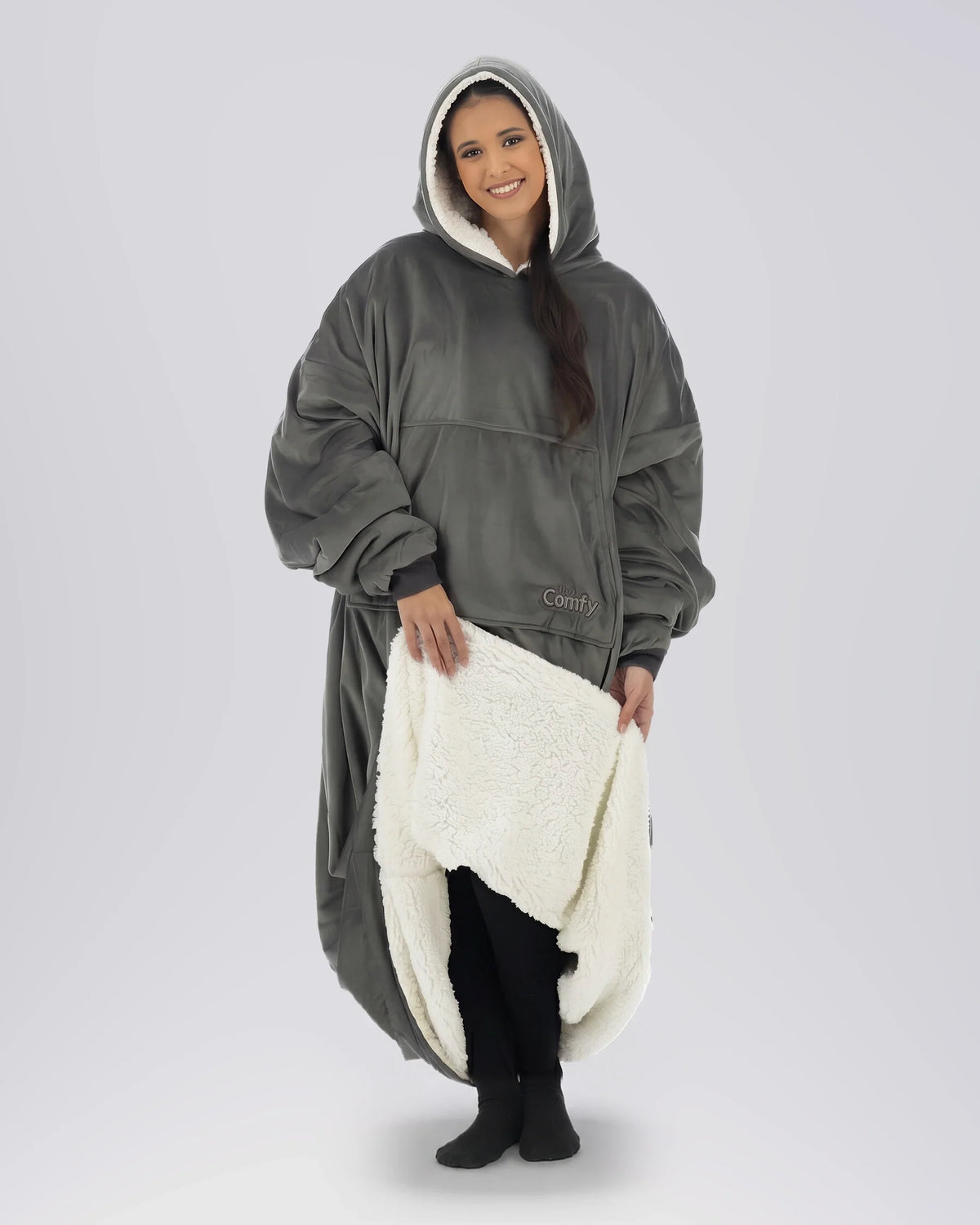 Front view of woman wearing The Comfy Original Long in charcoal, showing plush CloudSherpa™ interior lining.