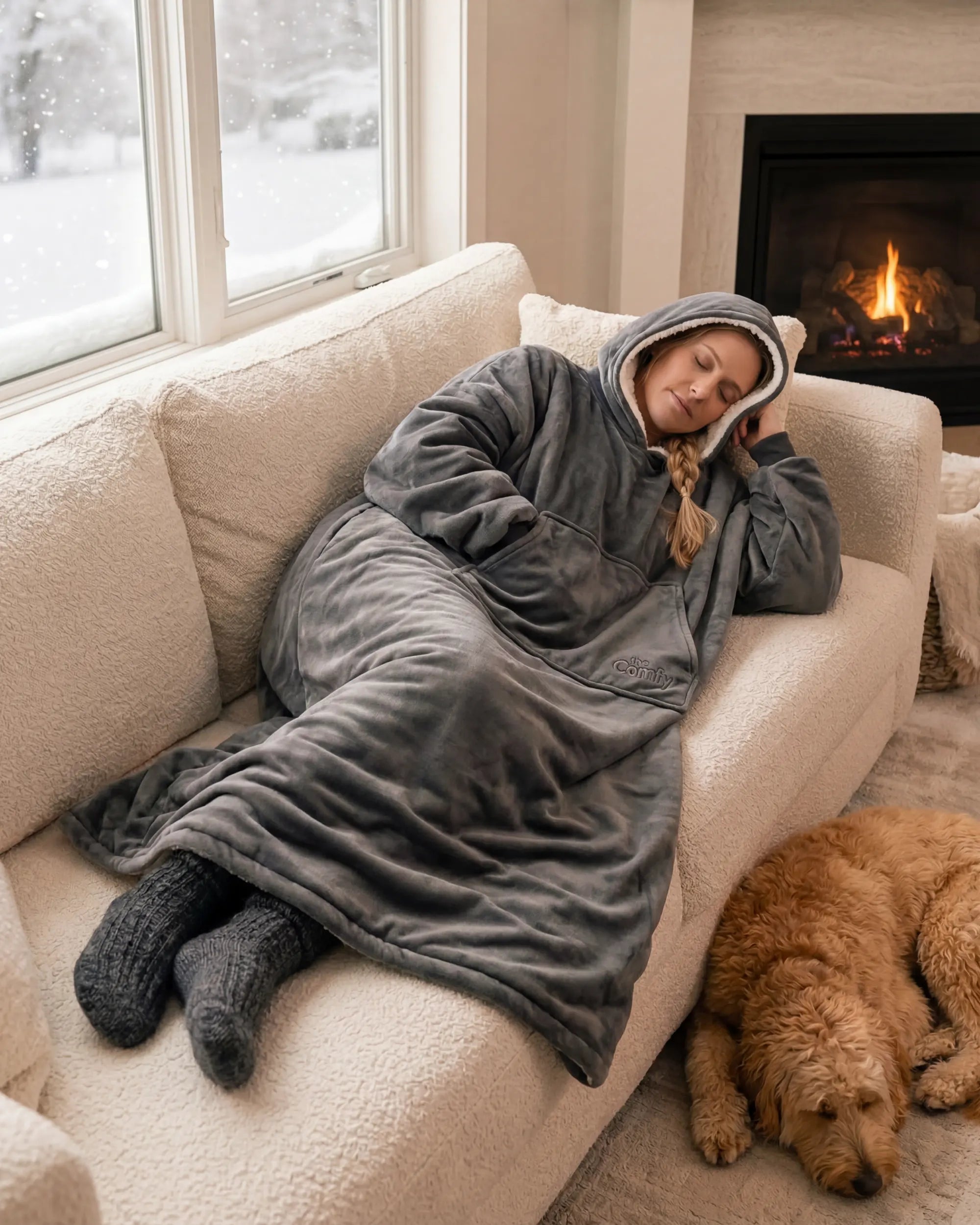 Woman resting on a couch wearing The Comfy Original Long in charcoal beside a fireplace with a sleeping dog.
