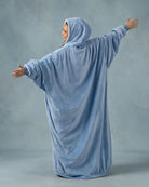 Back view of The Original Long in Serenity Blue, showcasing the extended length, oversized design, and full-coverage comfort from head to toe.