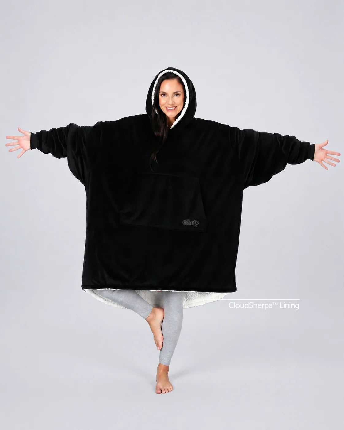 The Original wearable blanket in black with CloudSherpa™ lining shown front view with full body coverage
