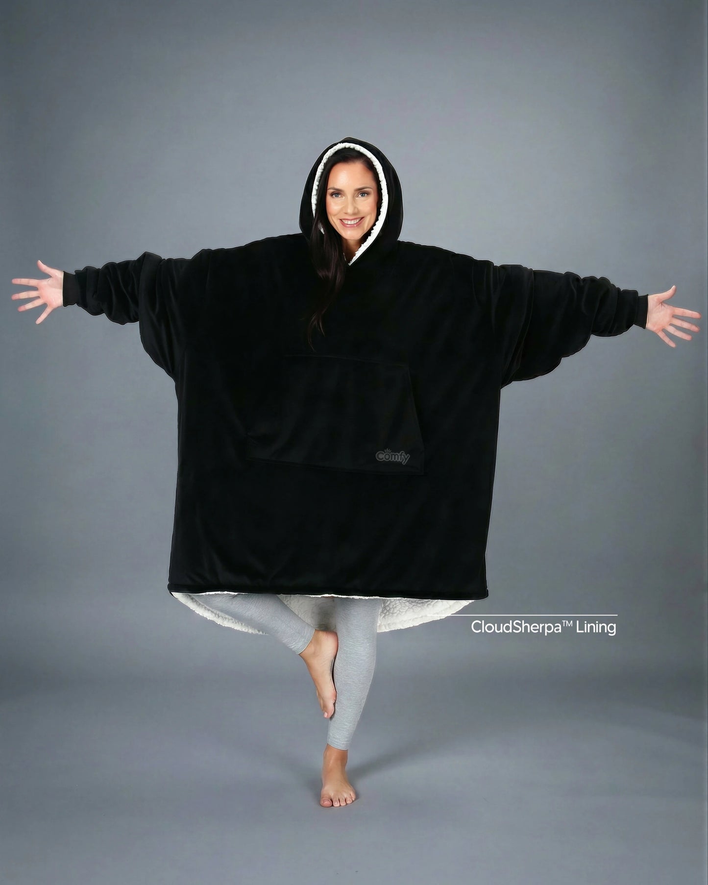 The Original wearable blanket in black with CloudSherpa™ lining shown front view with full body coverage