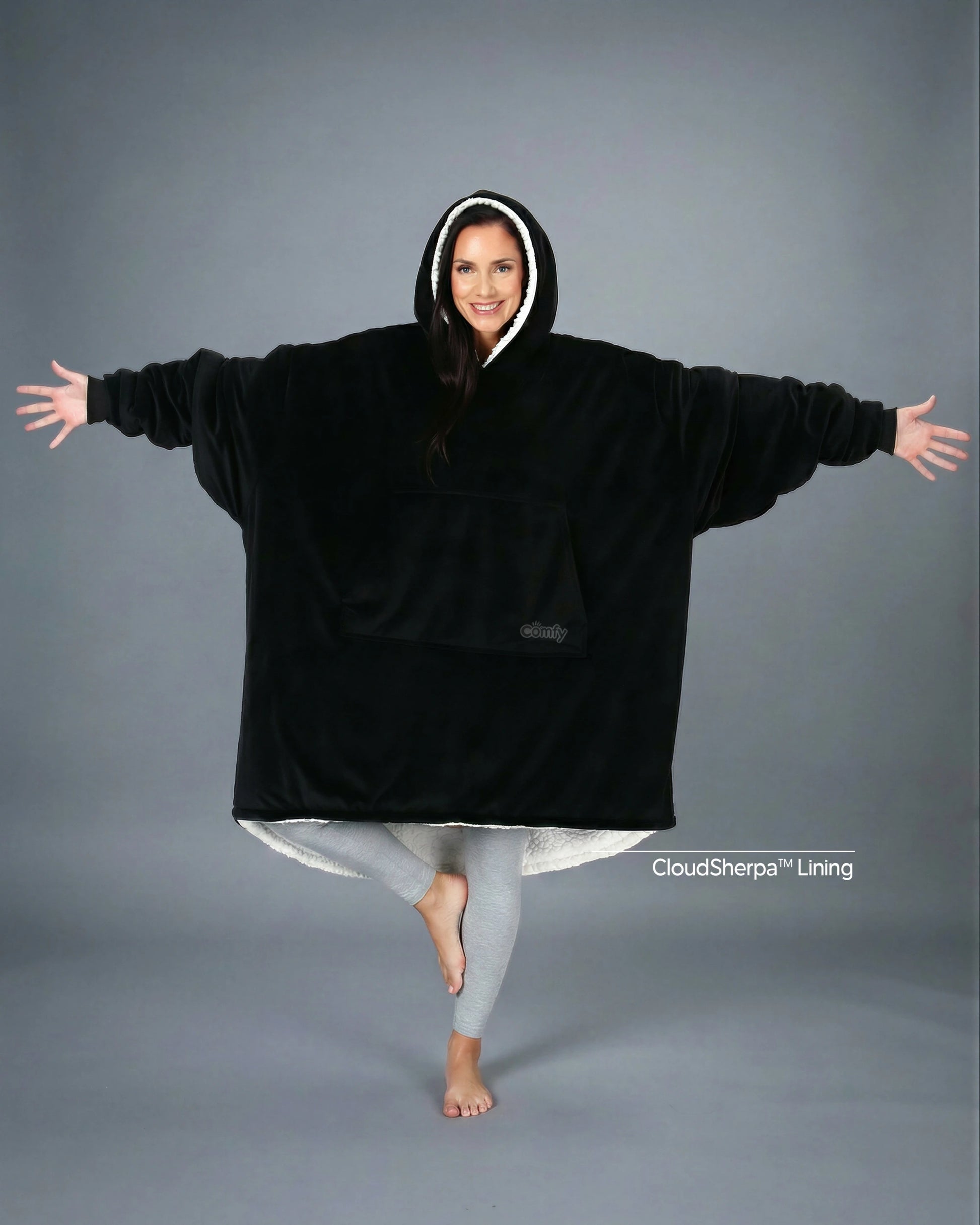 The Original wearable blanket in black with CloudSherpa™ lining shown front view with full body coverage