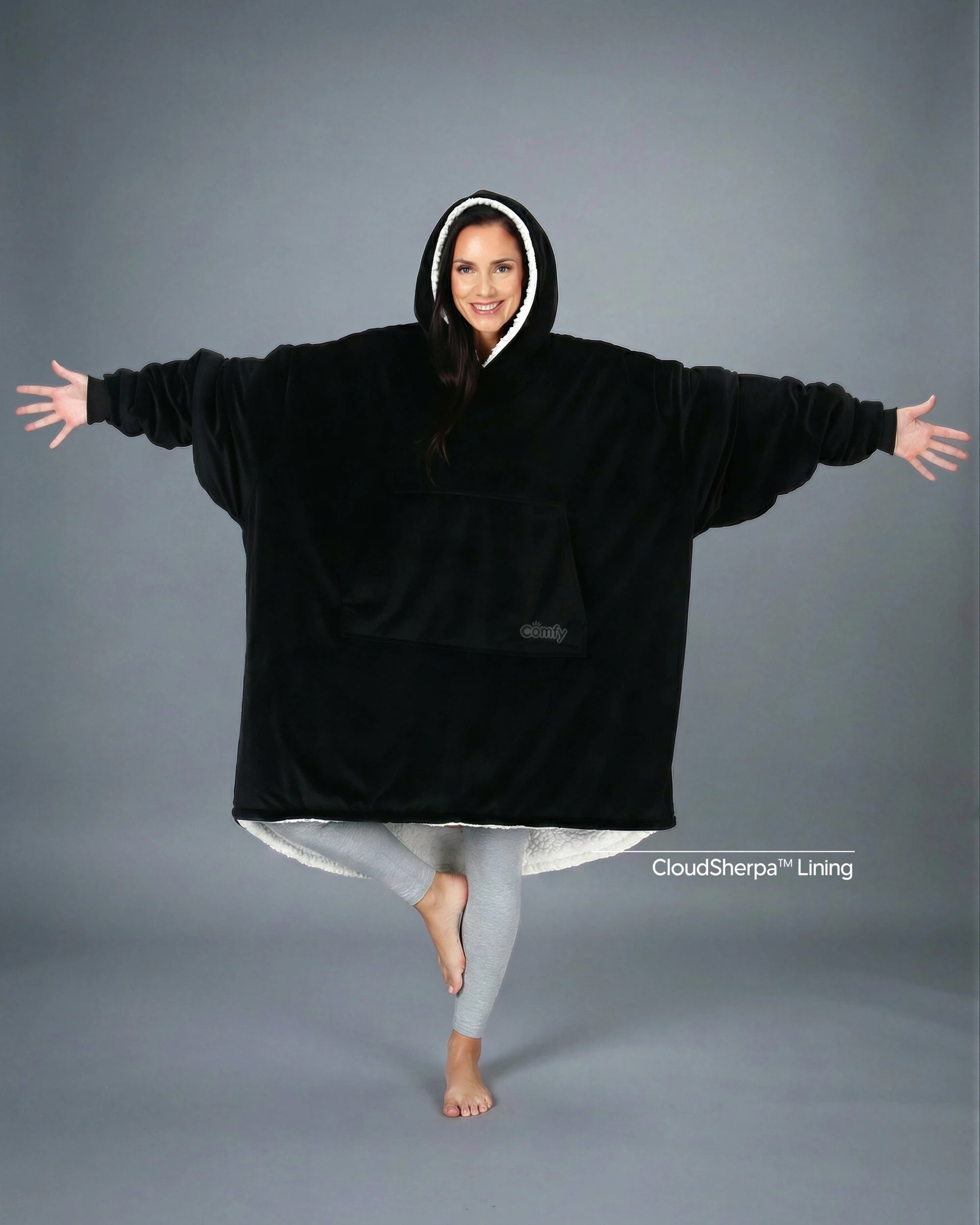 The Original wearable blanket in black with CloudSherpa™ lining shown front view with full body coverage