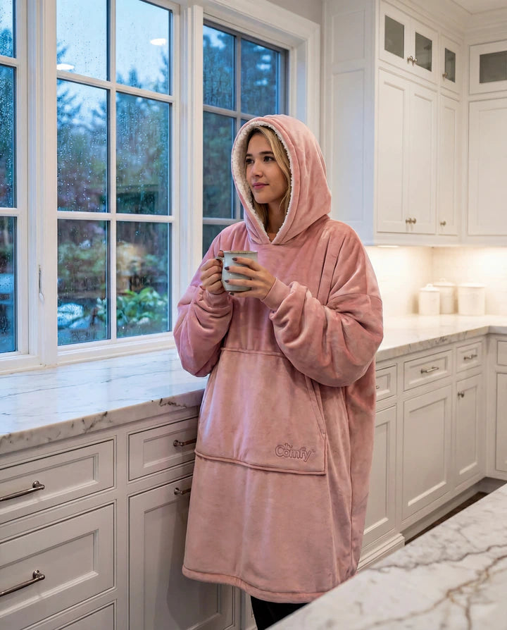 Woman wearing The Original wearable blanket in blush holding a mug in a kitchen setting