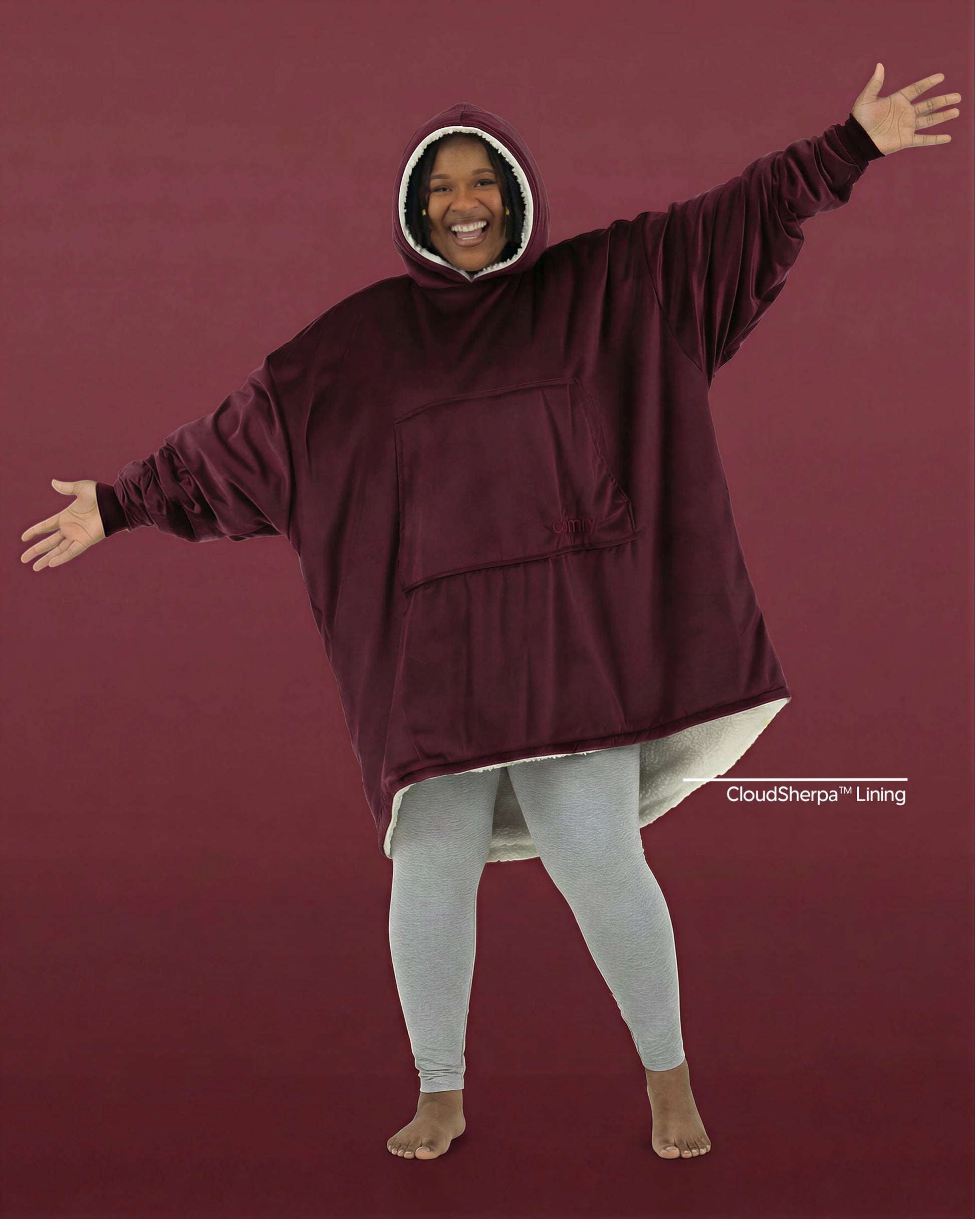 Front view of The Original wearable blanket in burgundy showing relaxed oversized comfort and coverage