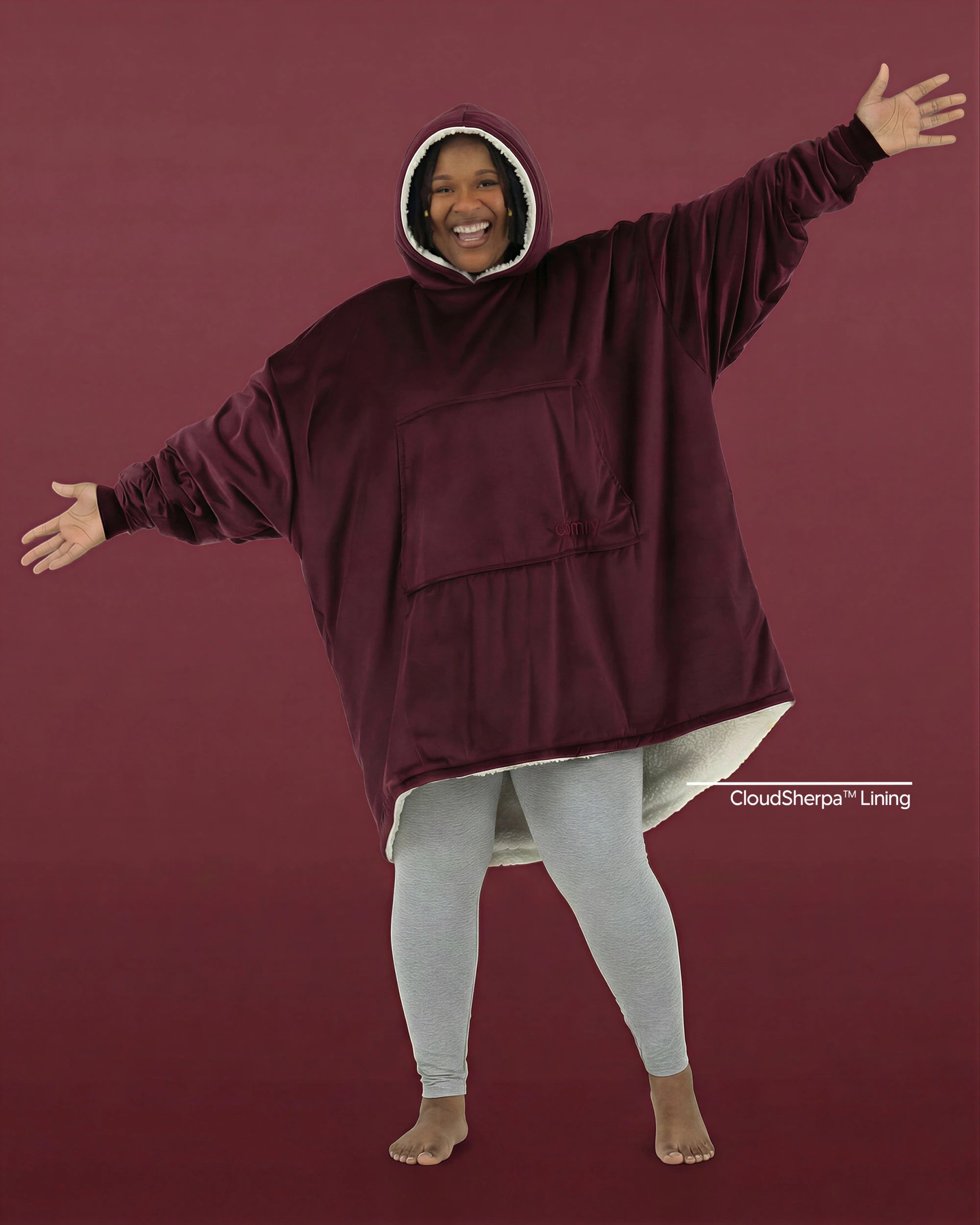 Front view of The Original wearable blanket in burgundy showing relaxed oversized comfort and coverage