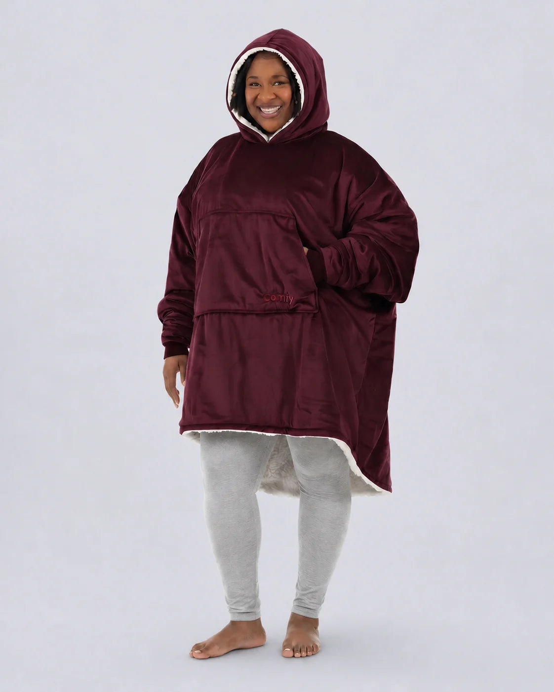 Front view of The Original wearable blanket in burgundy showing relaxed oversized comfort and coverage