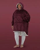 Front view of The Original wearable blanket in burgundy showing relaxed oversized comfort and coverage