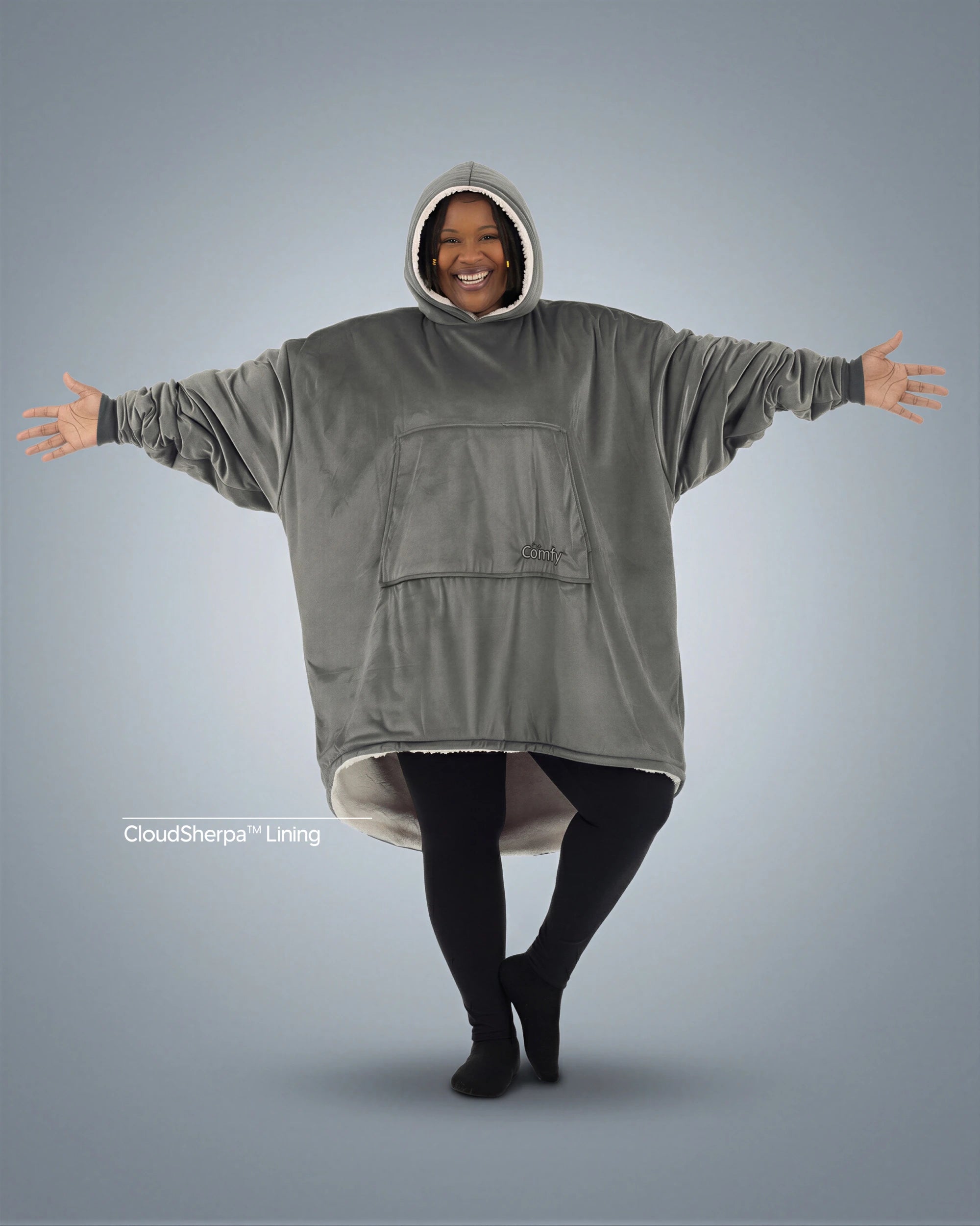 The Original wearable blanket in charcoal with CloudSherpa™ lining shown front view with full body coverage