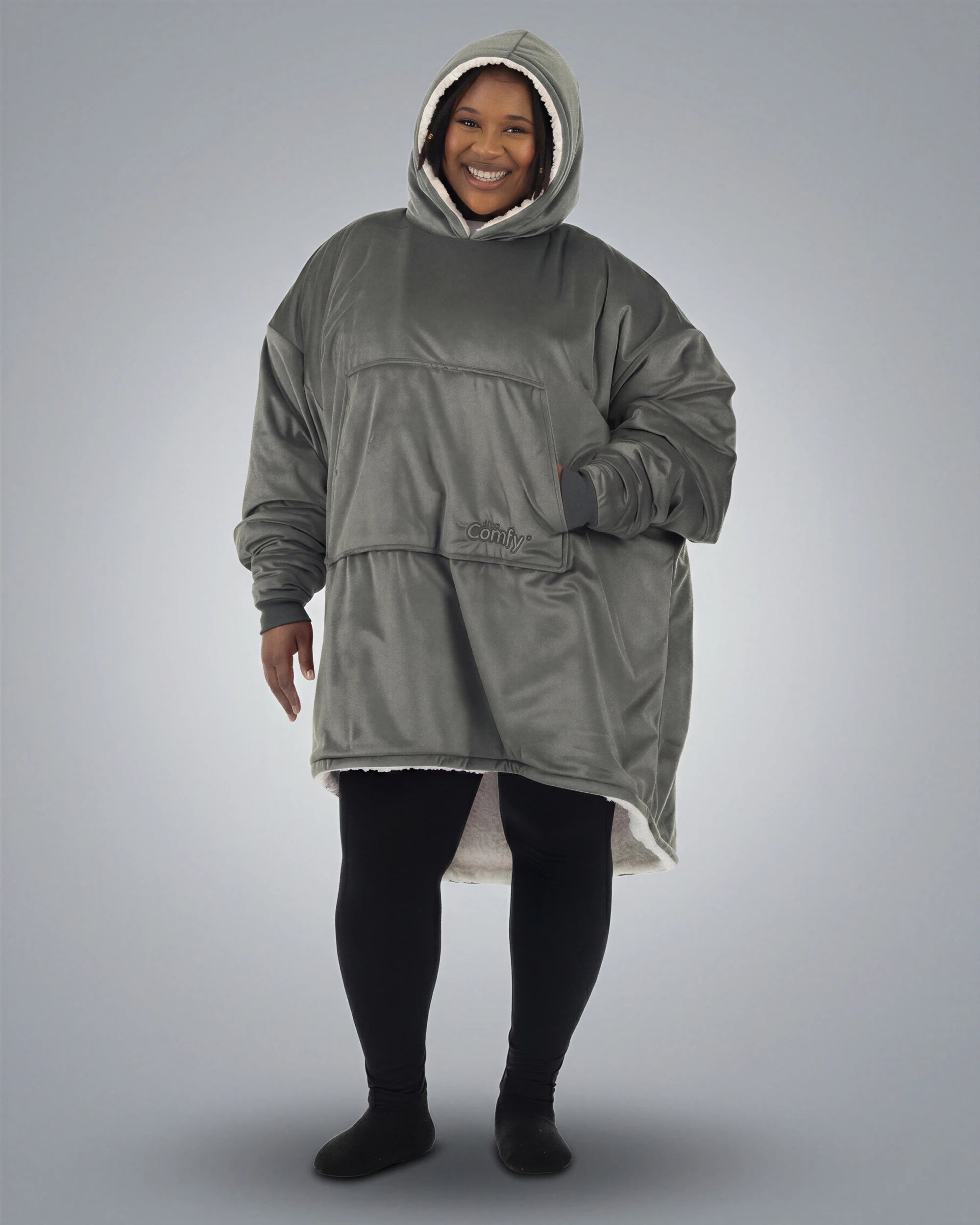 Front view of The Original wearable blanket in charcoal showing relaxed oversized comfort and coverage