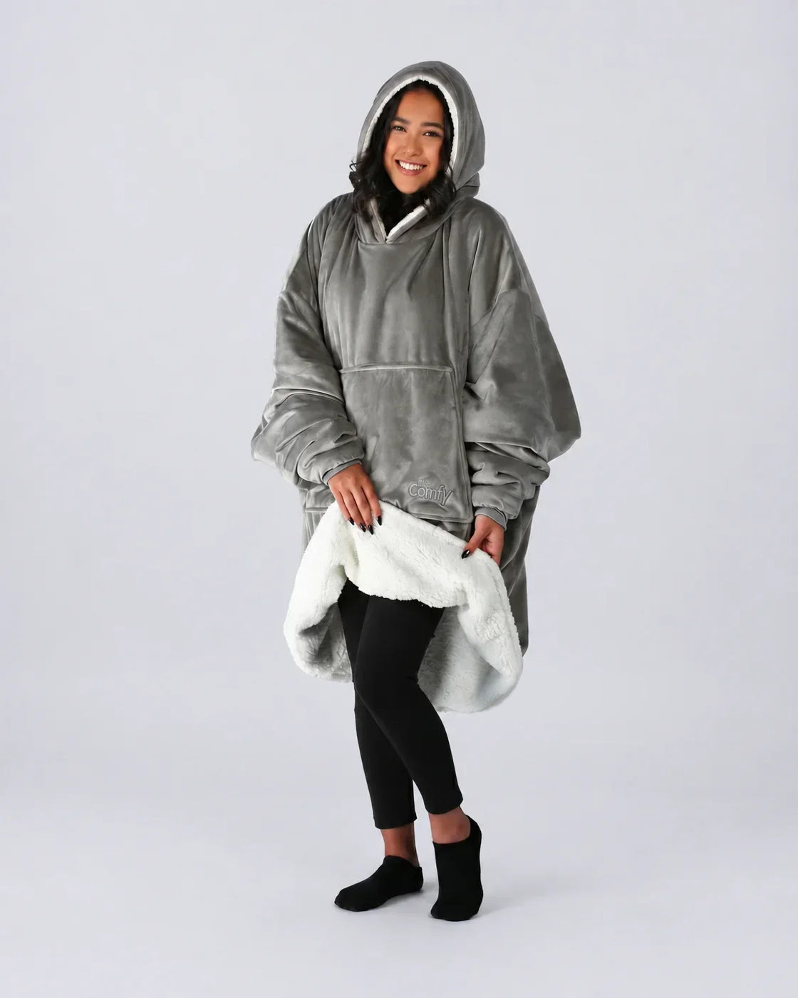 The Original wearable blanket in Gray, shown full length with its oversized fit and plush CloudSherpa™ lining.
