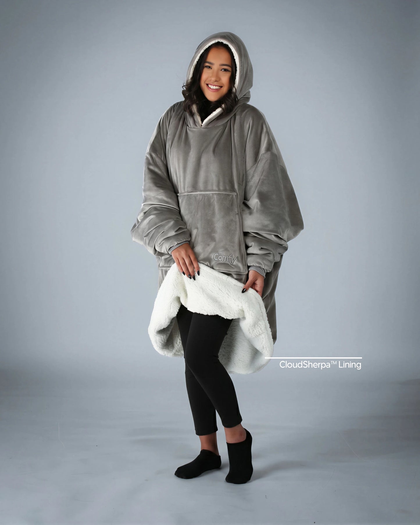 The Original wearable blanket in gray with CloudSherpa™ lining shown front view with full body coverage