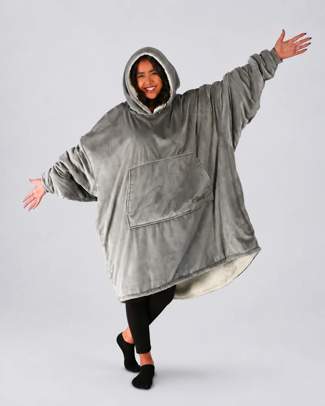 Front view of The Original wearable blanket in gray showing soft CloudSherpa™ lining and oversized comfort
