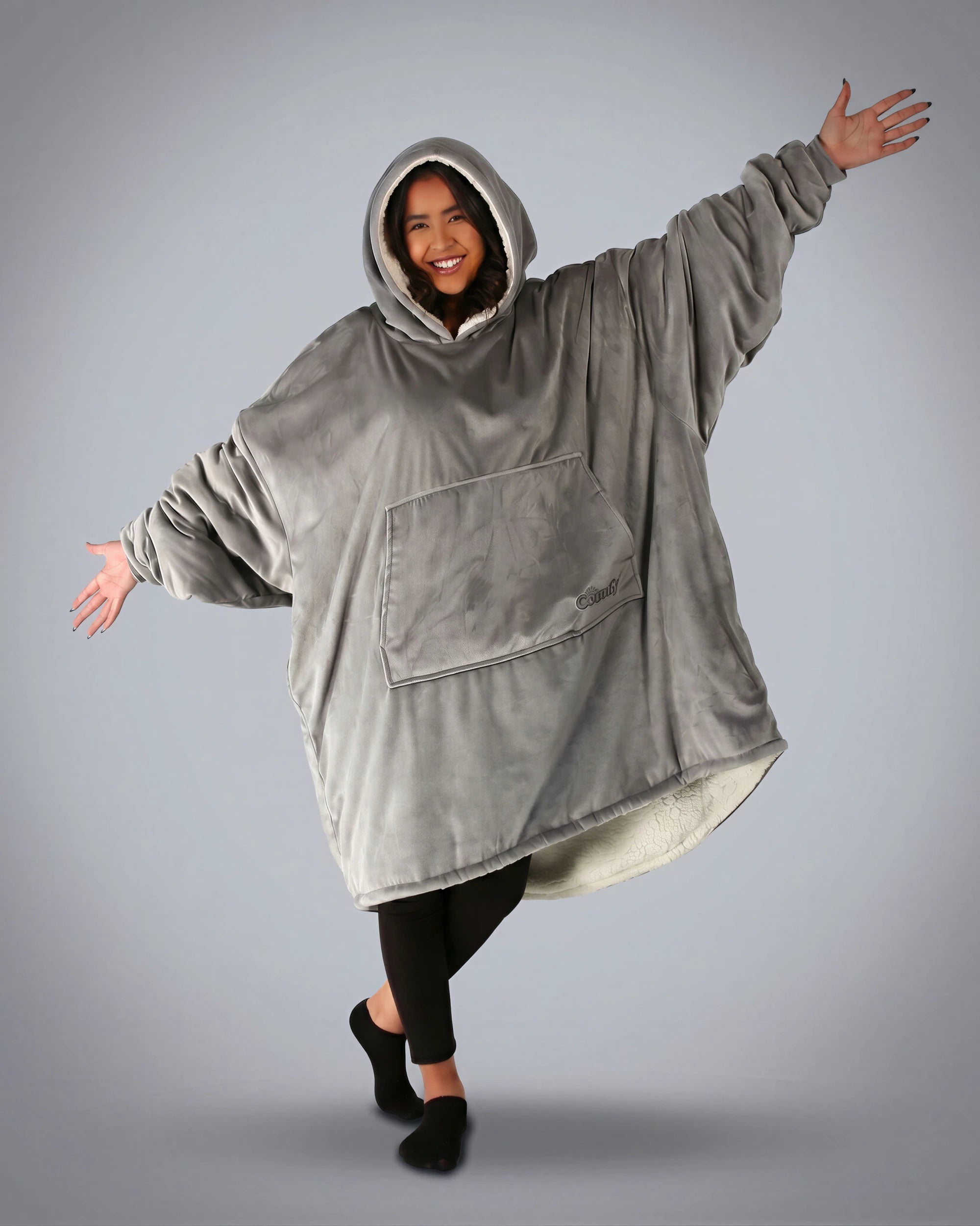 Front view of The Original wearable blanket in gray showing soft CloudSherpa™ lining and oversized comfort