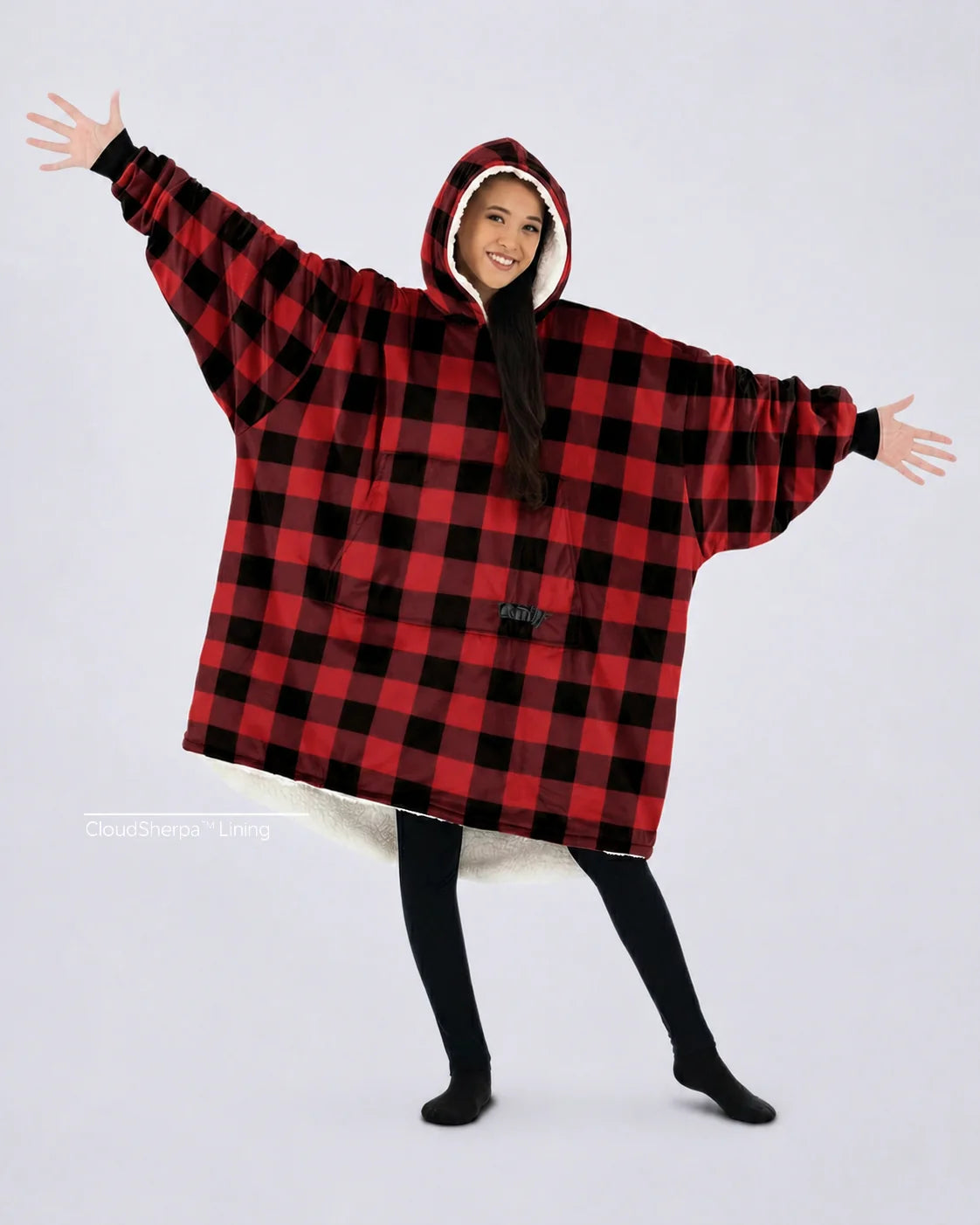 The Original wearable blanket in red plaid with CloudSherpa™ lining shown front view with full body coverage