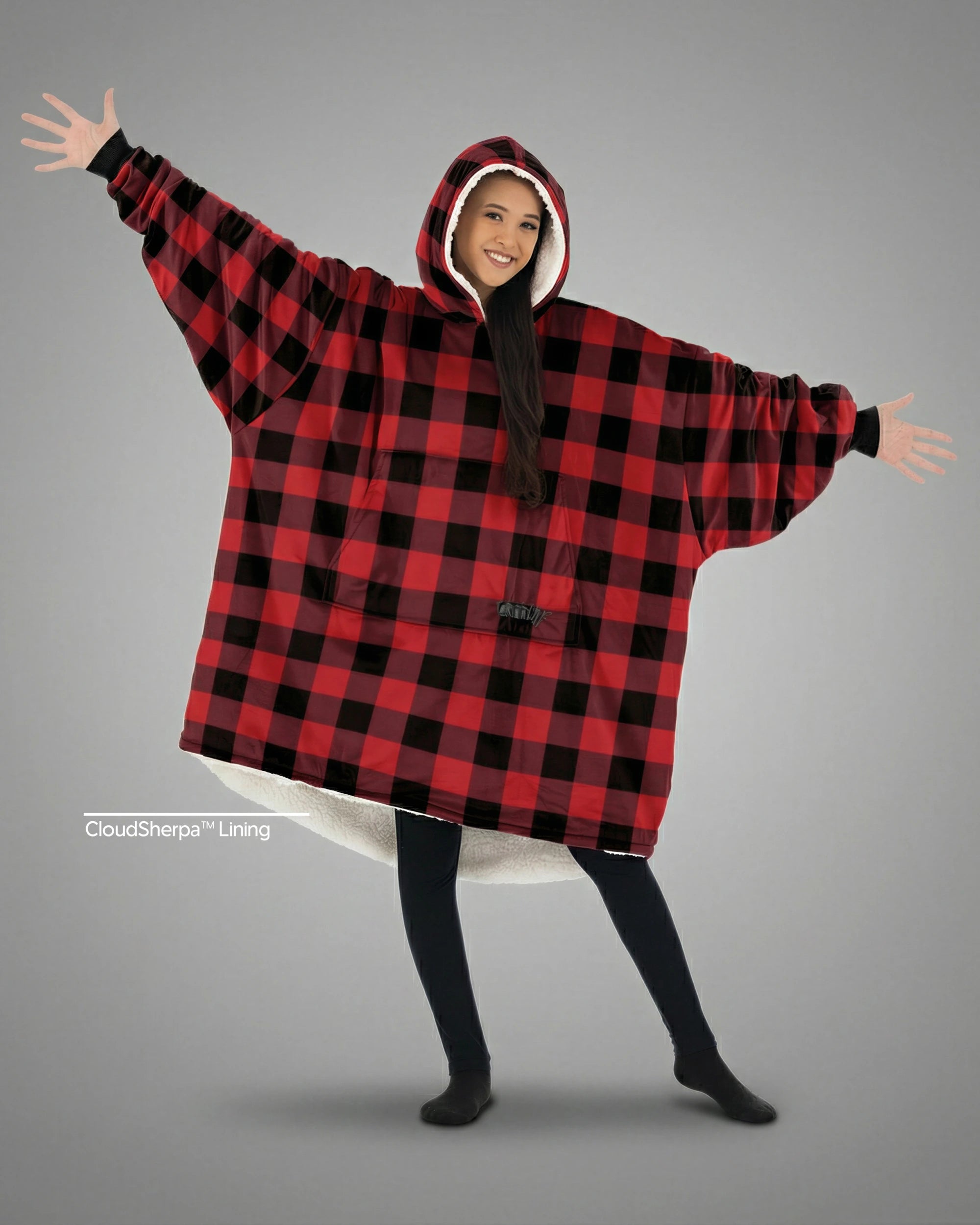 The Original wearable blanket in red plaid with CloudSherpa™ lining shown front view with full body coverage