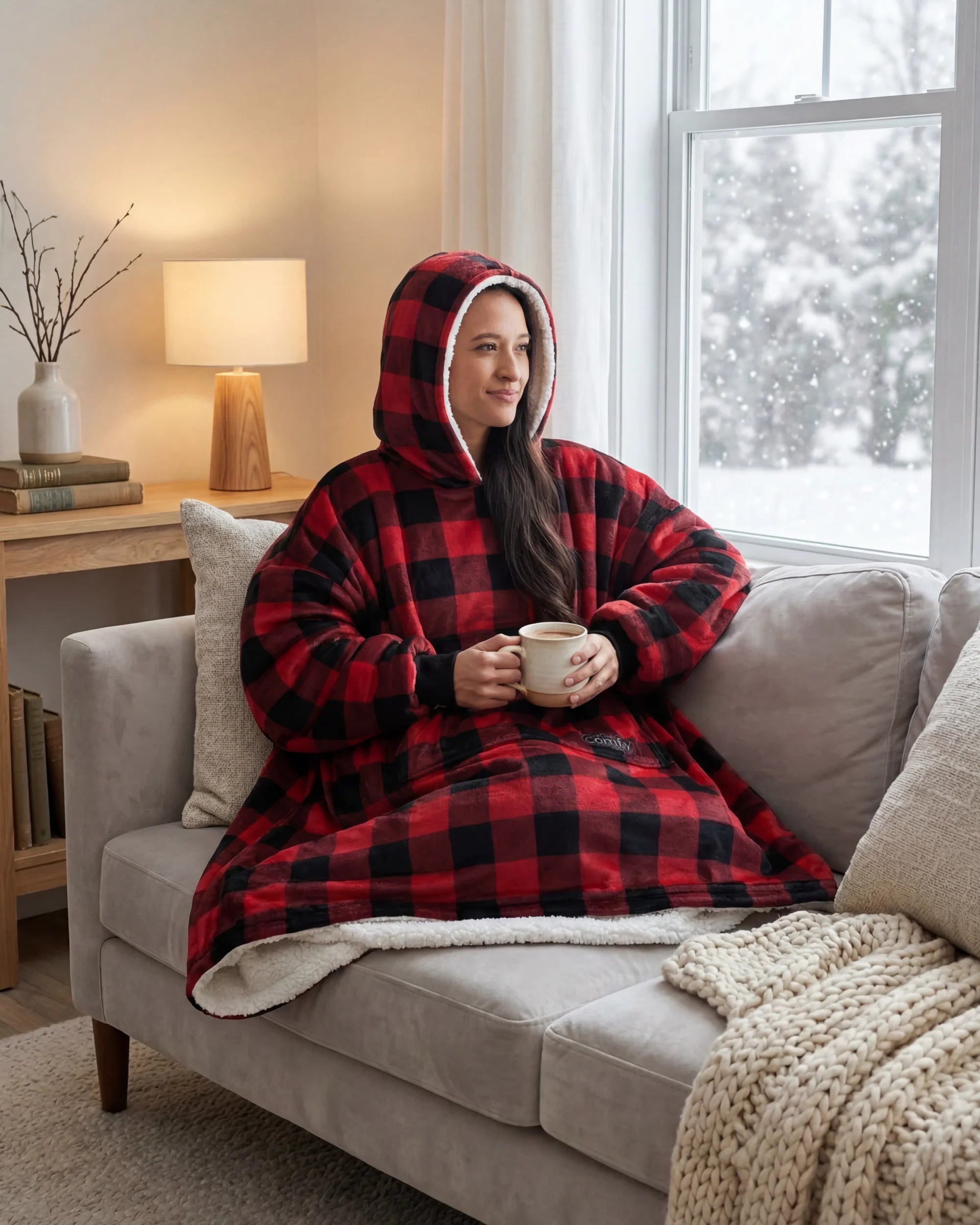 Woman wearing The Original wearable blanket in red plaid sitting on a couch holding a mug while watching snowfall outside