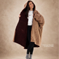 Woman modeling the Teddy Bear Full-Zip in Chocolate/Camel, showcasing the reversible double-layer CloudSherpa™ design and oversized comfort.
