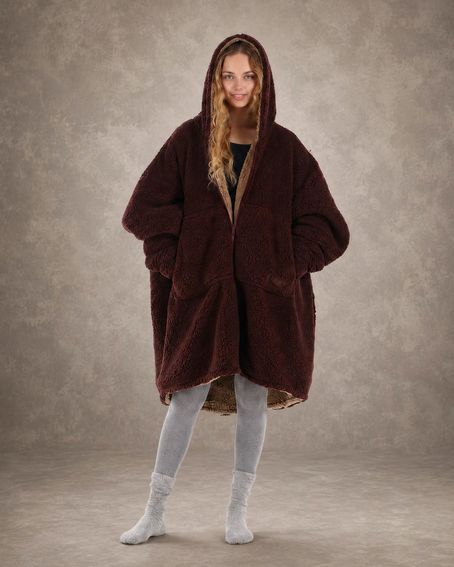 Front view of the Teddy Bear Full-Zip worn on the Chocolate side, featuring the oversized silhouette, hood, and cozy all-over CloudSherpa™ comfort.