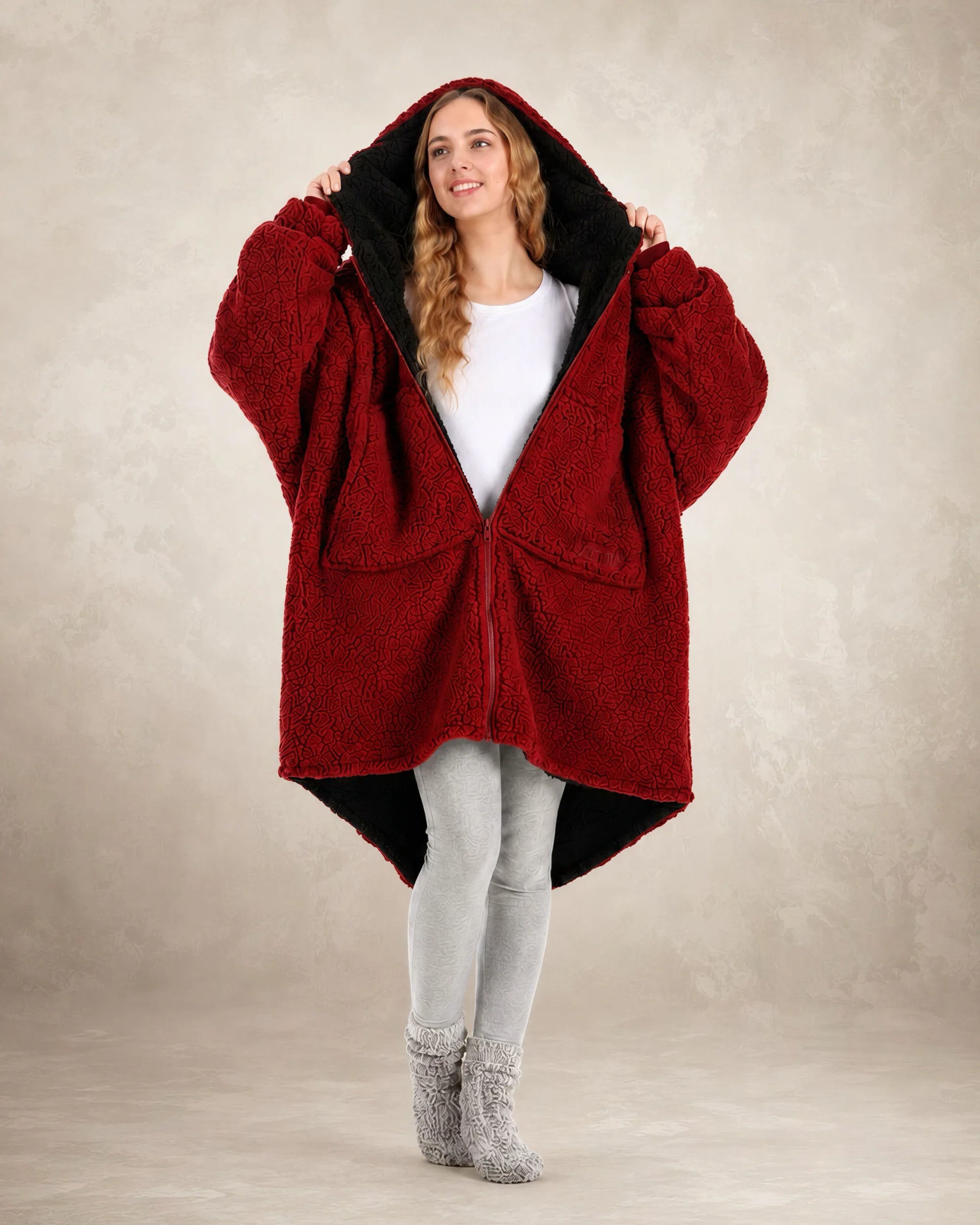 Front view of the Teddy Bear Full-Zip worn on the Crimson side, highlighting plush CloudSherpa™ comfort and the oversized wearable blanket silhouette.