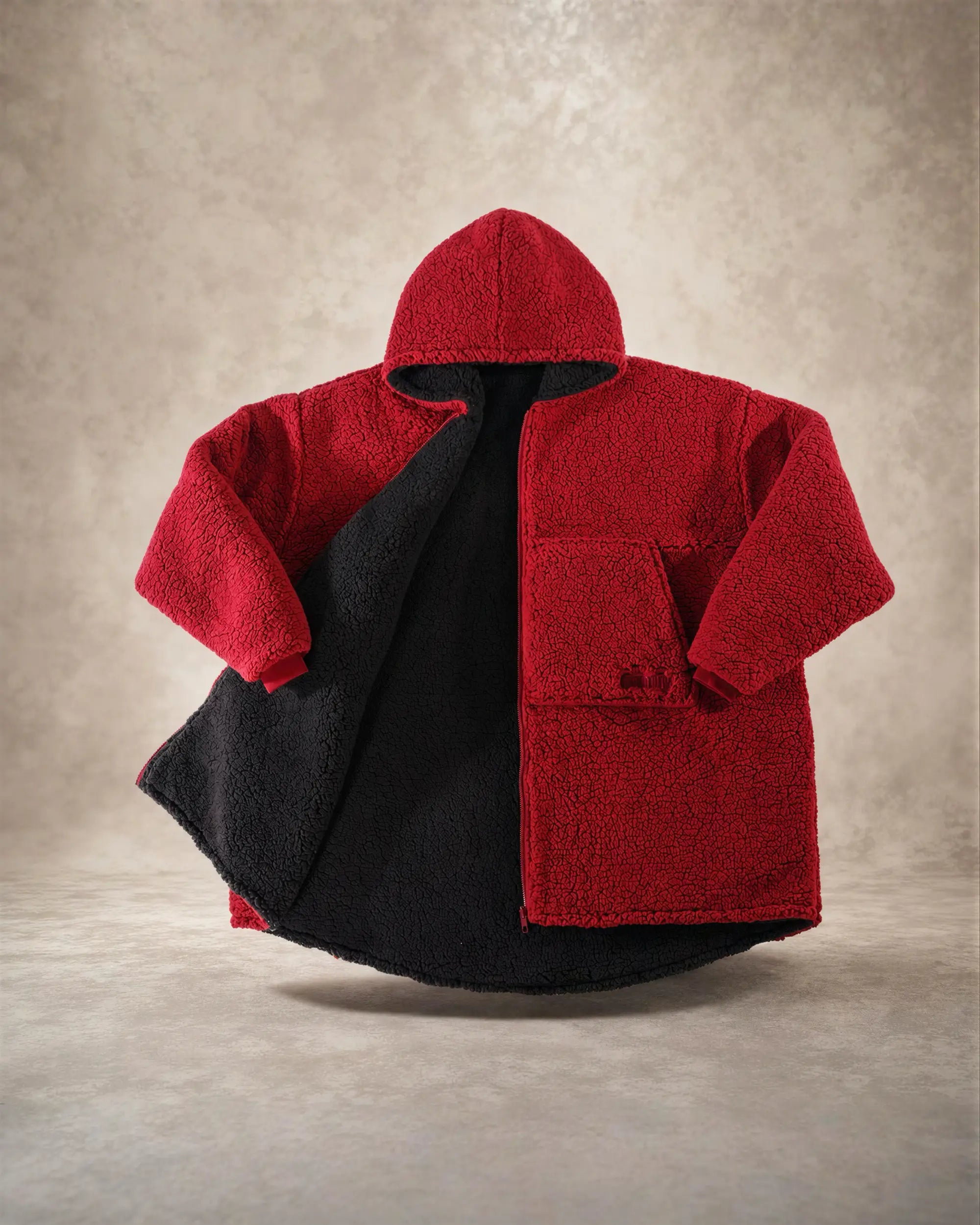Product flat lay showcasing the Teddy Bear Full-Zip reversed to the Black side, emphasizing dual-sided versatility and premium CloudSherpa™ softness.