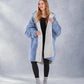 Front view of the Teddy Bear Full-Zip worn on the Denim side, highlighting the oversized fit, reversible styling, and all-over CloudSherpa™ softness.