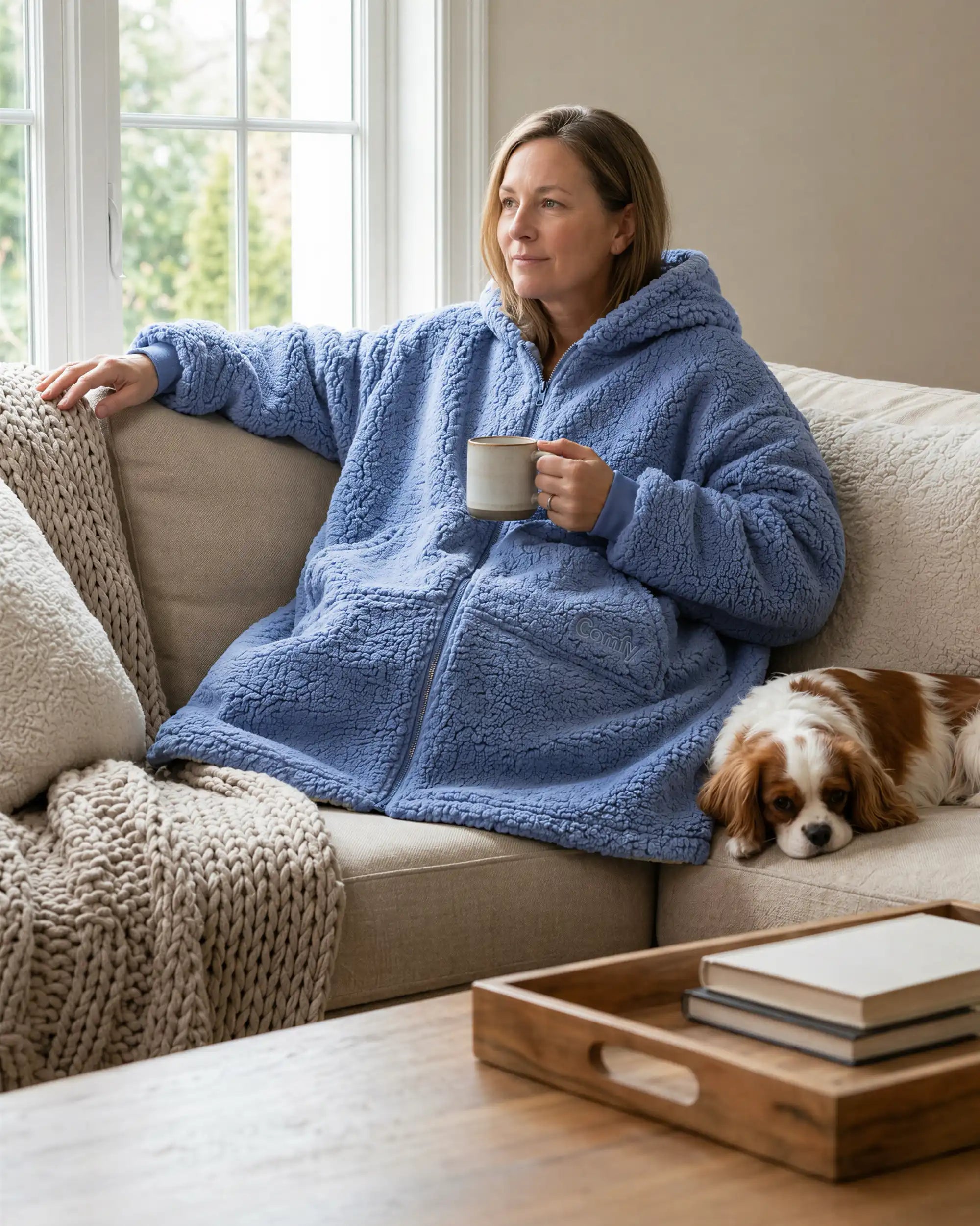 Woman relaxing on a couch in the Teddy Bear Full-Zip worn on the Denim side, showcasing everyday comfort, warmth, and lounging versatility.