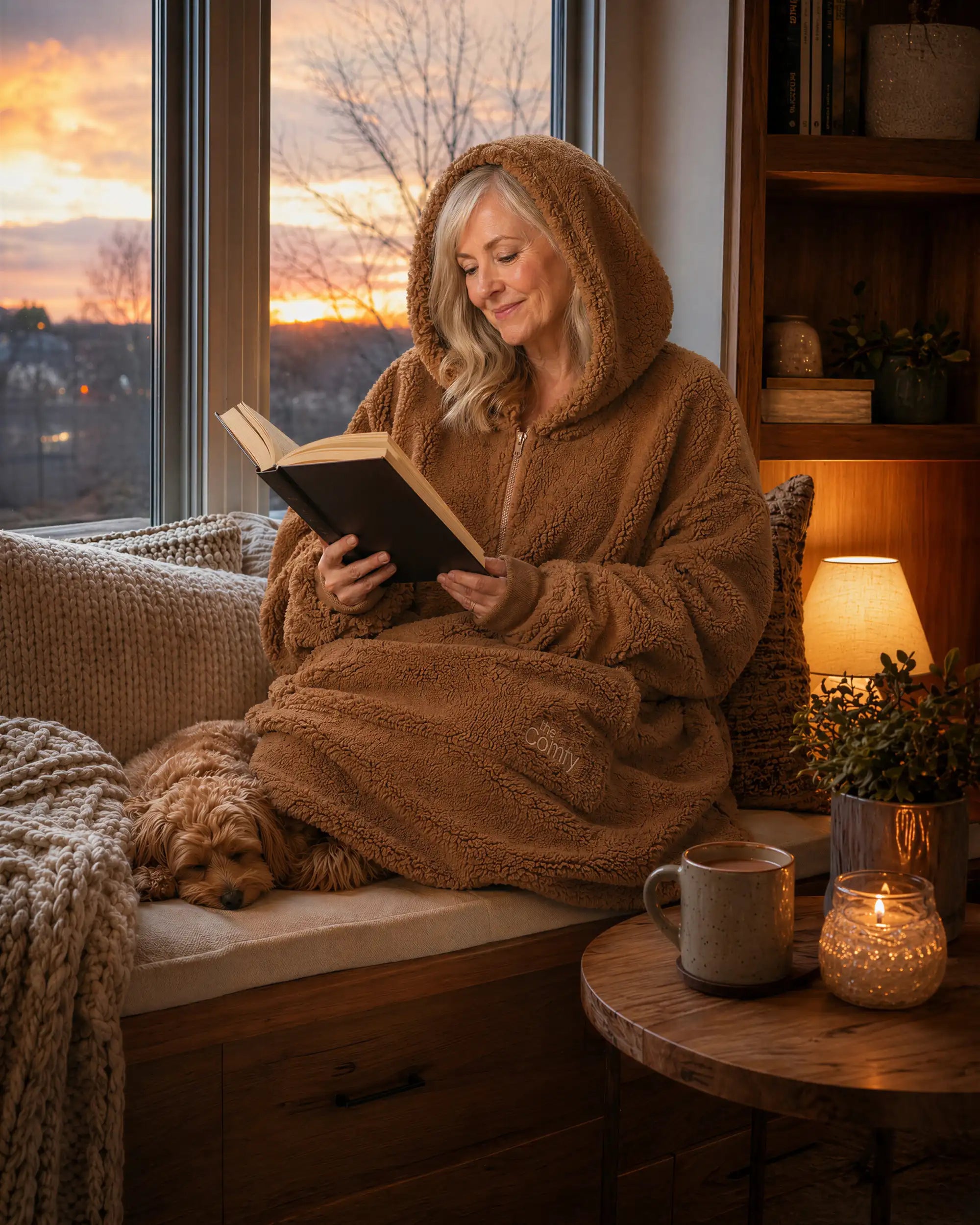 Lifestyle view of The Teddy Bear Quarter-Zip wearable blanket in camel worn while sitting by a window reading with a dog, showing cozy at-home use