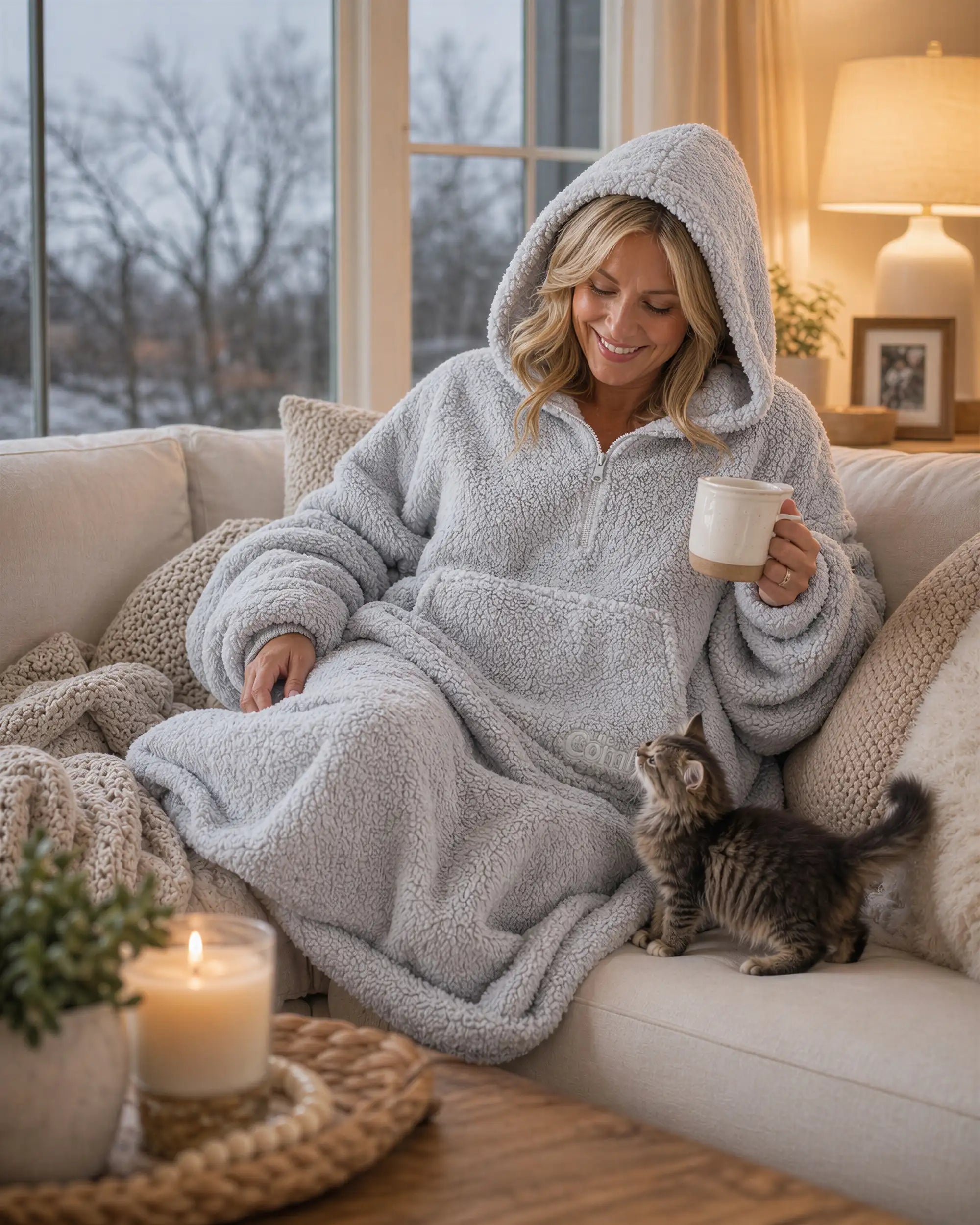 Lifestyle view of The Teddy Bear Quarter-Zip wearable blanket in light gray worn lounging on a couch with a cat and holding a mug, showing cozy at-home use