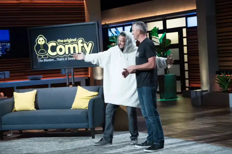 Brian and Michael Speciale on the Shark Tank set with The Comfy.