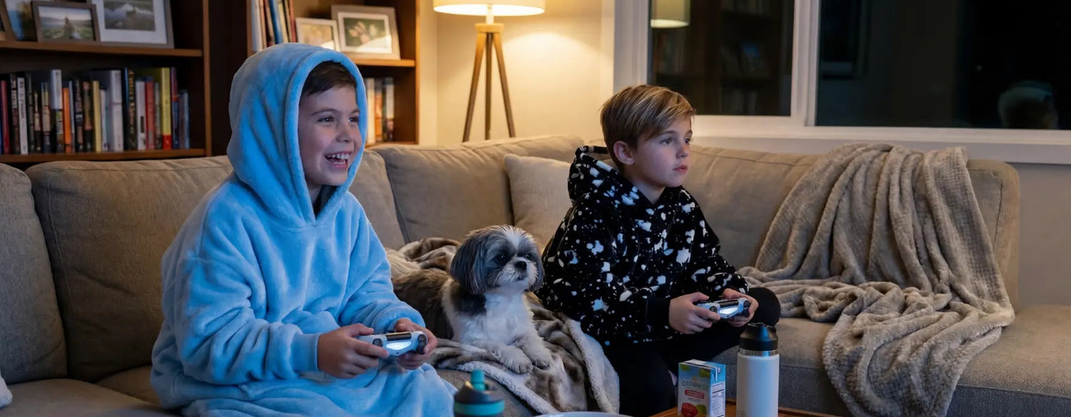 two kids sitting on the couch with a dog playing video games