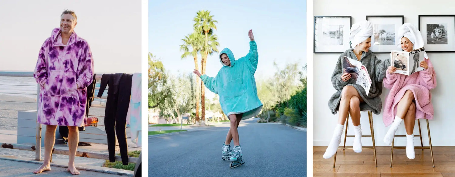 Four adults enjoying life and wearing the comfy wearable blankets