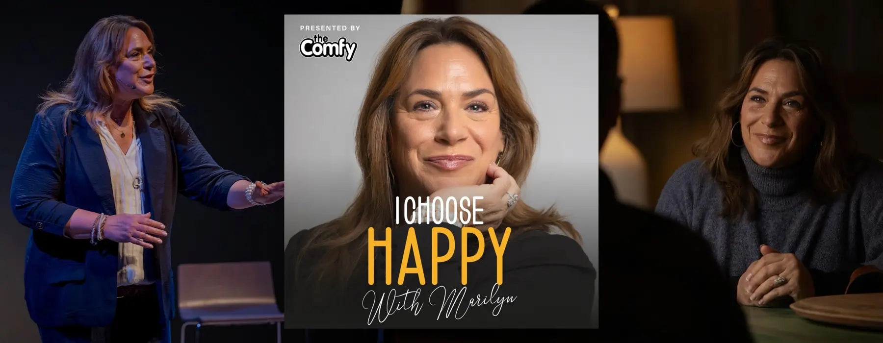 Promotional image for 'I Choose Happy with Marilyn' featuring a woman in a dark room.