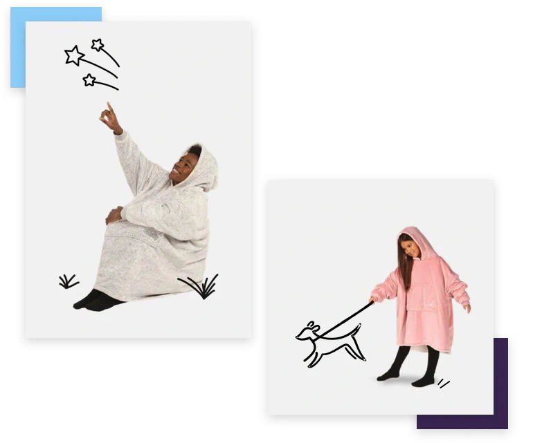 A kid looking at the stars and wearing a grey The Comfy Original, and a girl walking a dog using a light pink wearable blanket from The Comfy