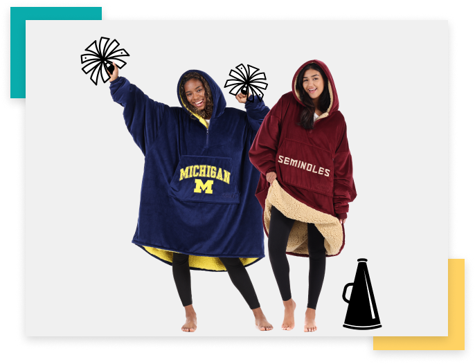 Michigan and Seminoles universities wearable blankets from the Comfy being wore by two girls