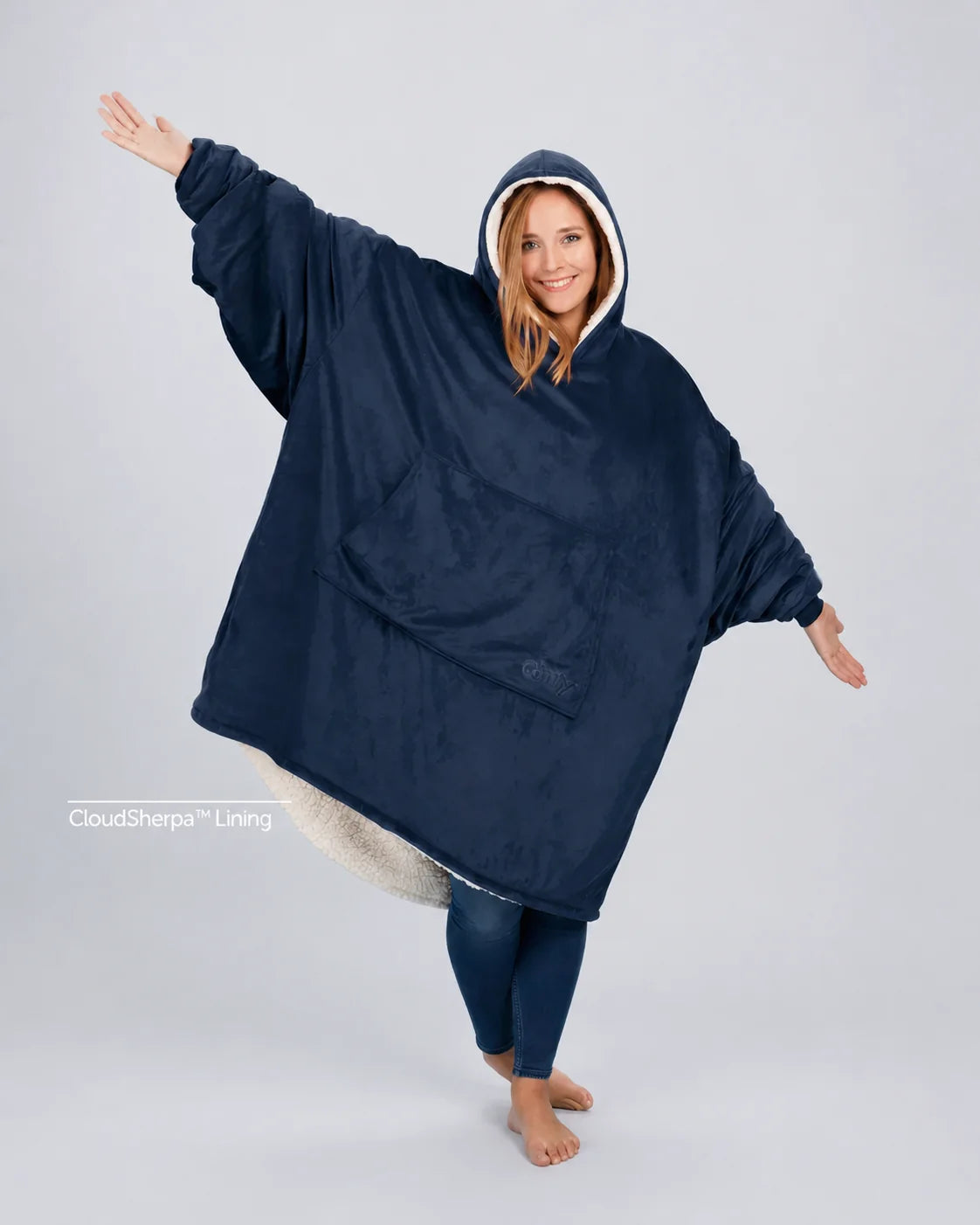 The Original wearable blanket in blue with CloudSherpa™ lining shown front view with full body coverage