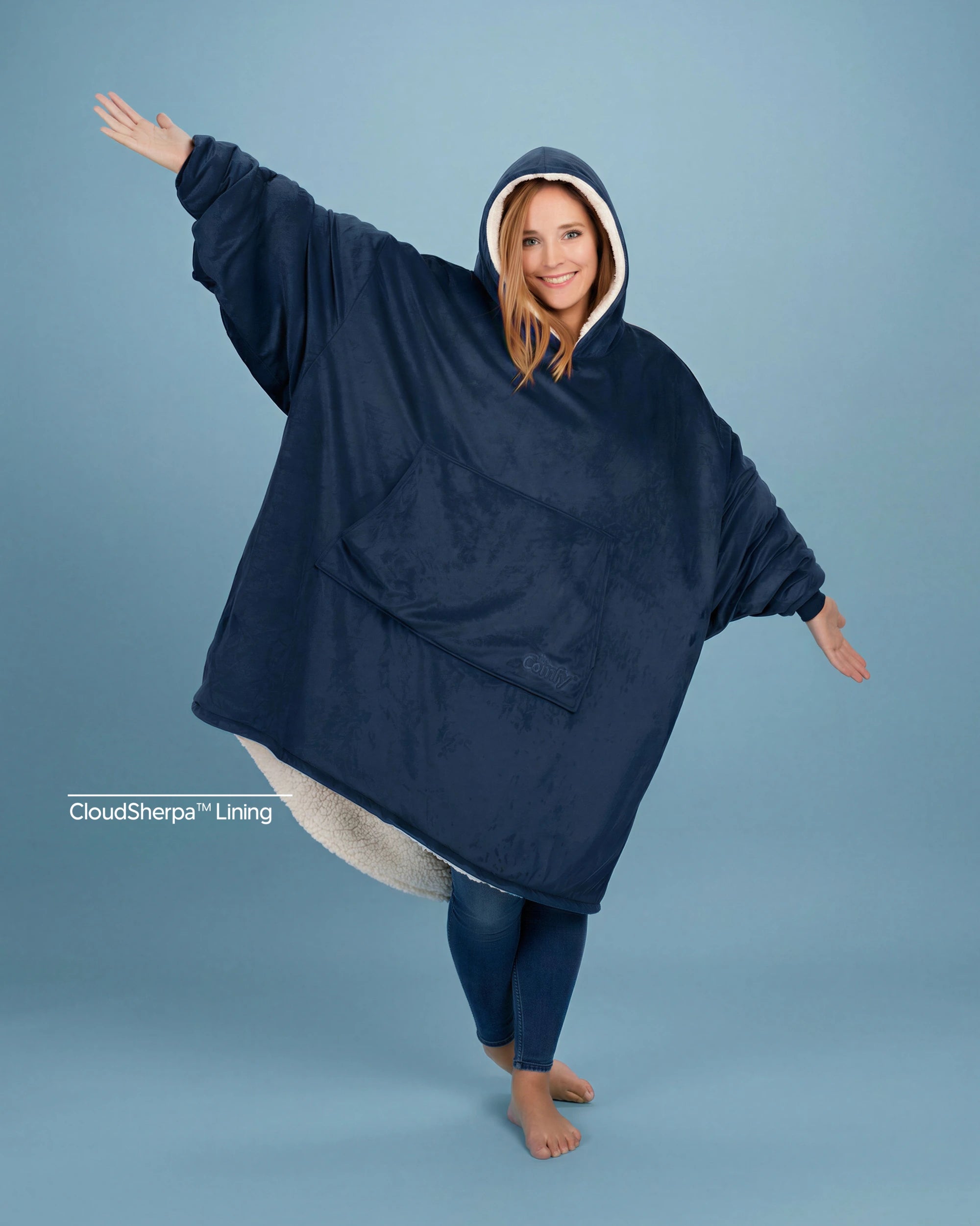 The Original wearable blanket in blue with CloudSherpa™ lining shown front view with full body coverage