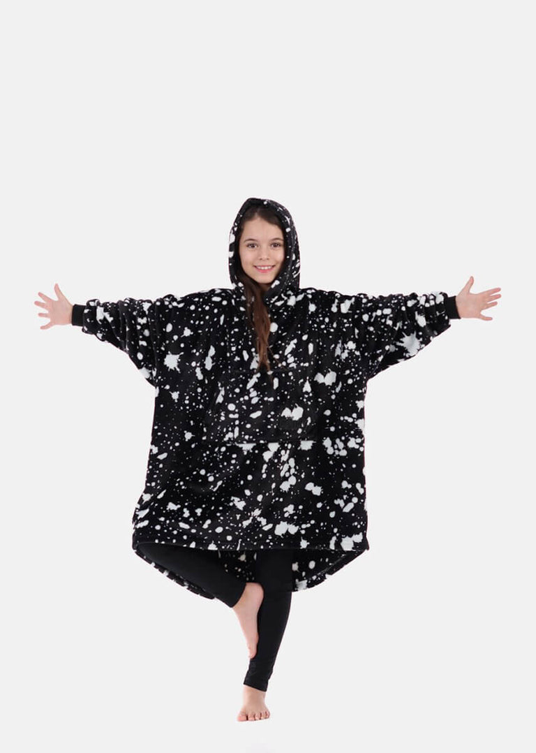 Black with white splashesh The Comfy wearable blanket for kids.